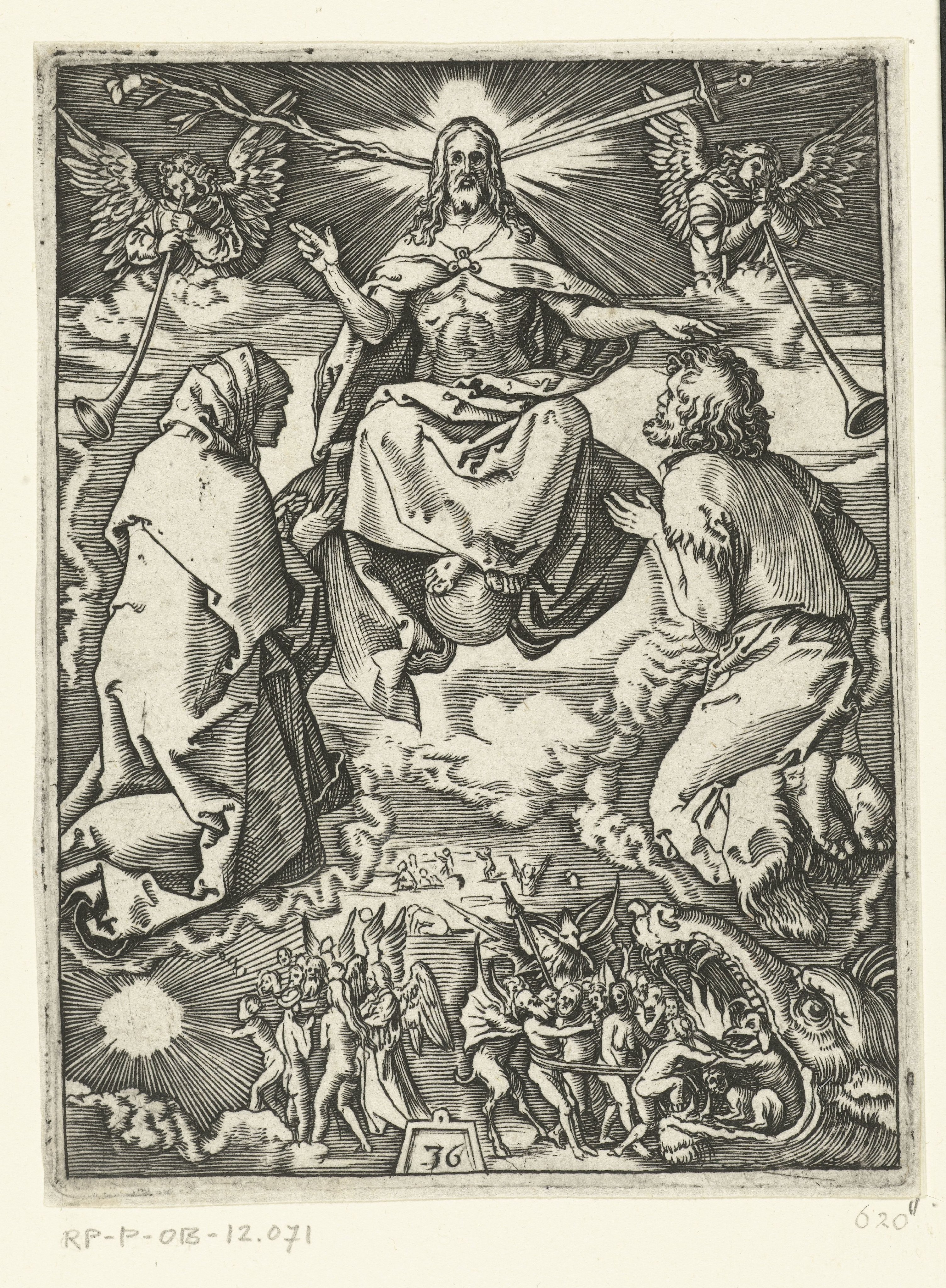 Laatste oordeel met Christus tronend in hemel op globe terwijl hij Maria en Johannes zegent