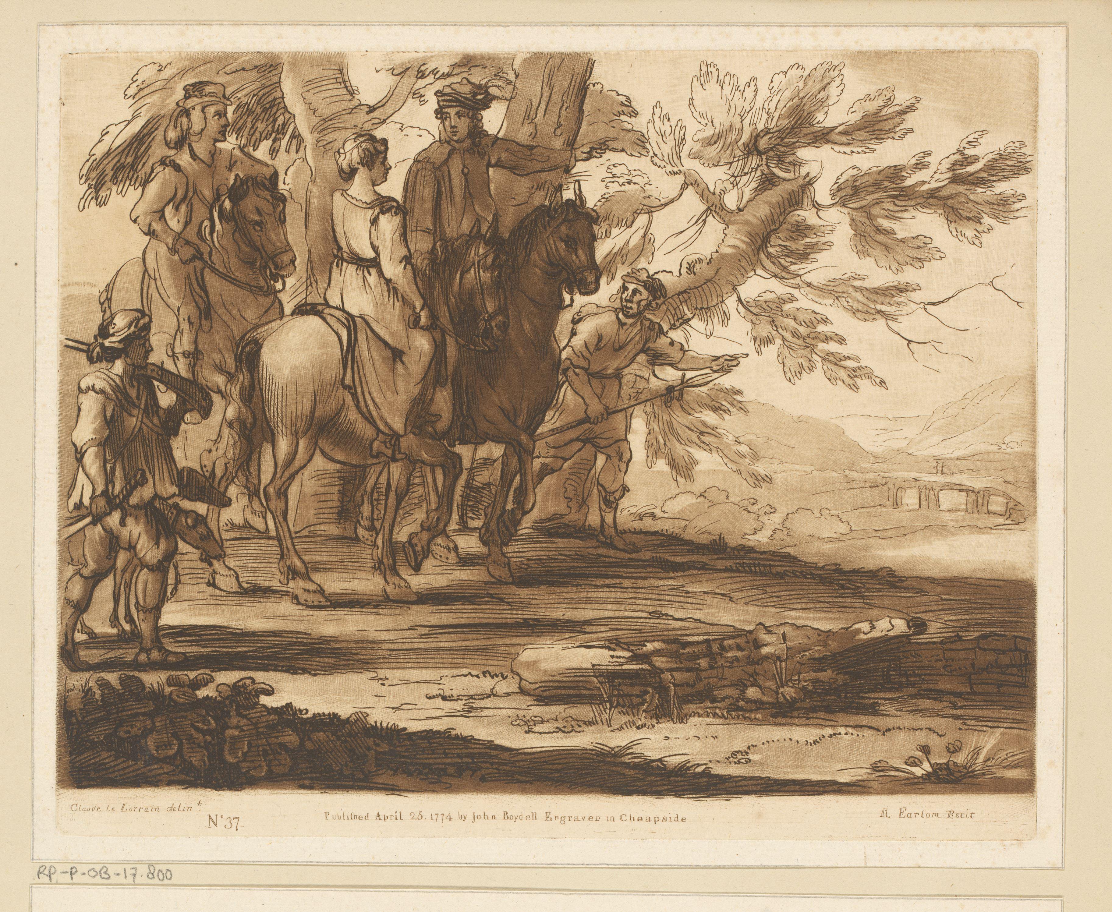 Landschap met drie ruiters die gaan jagen