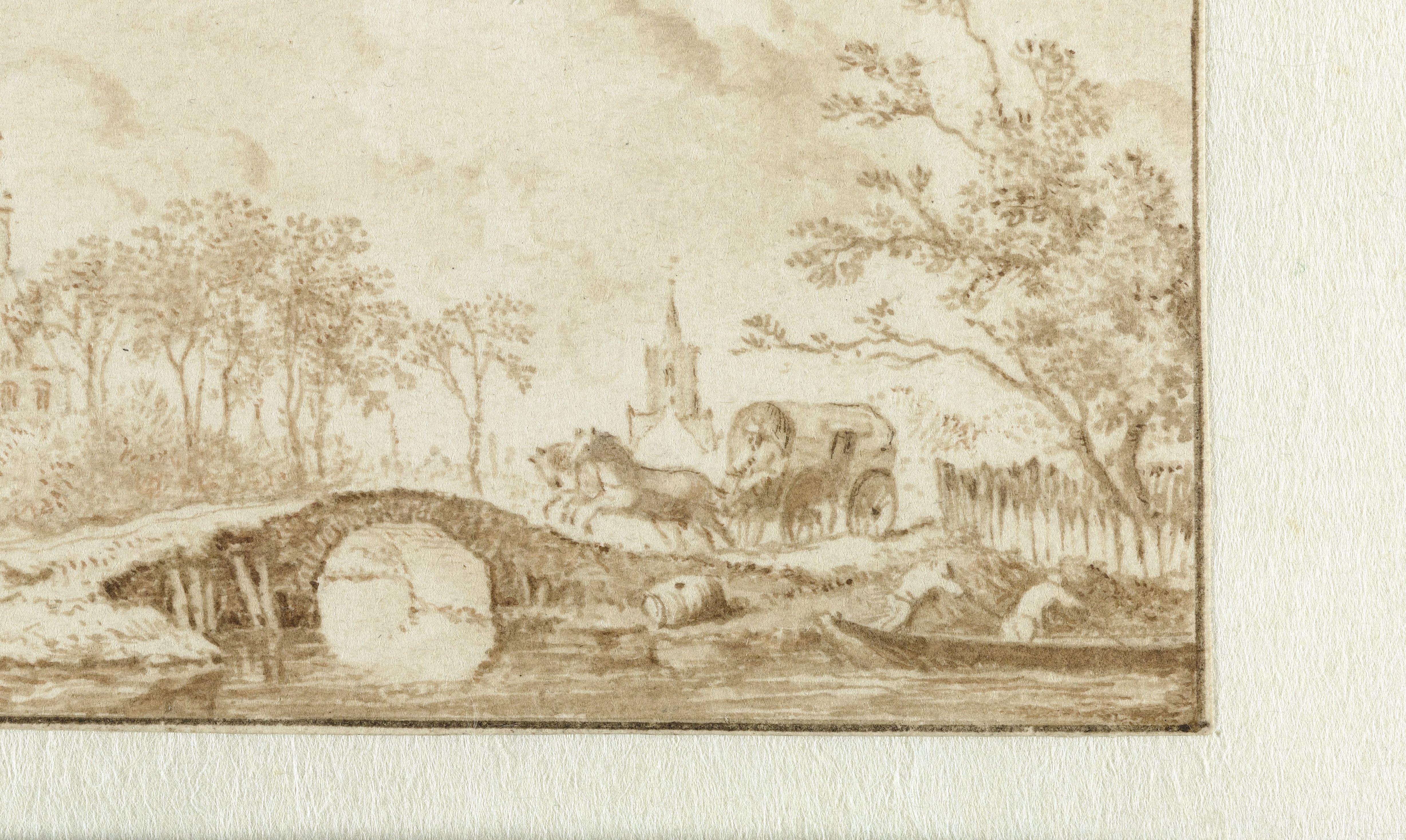 Landschap met een wagen die een stenen brug nadert
