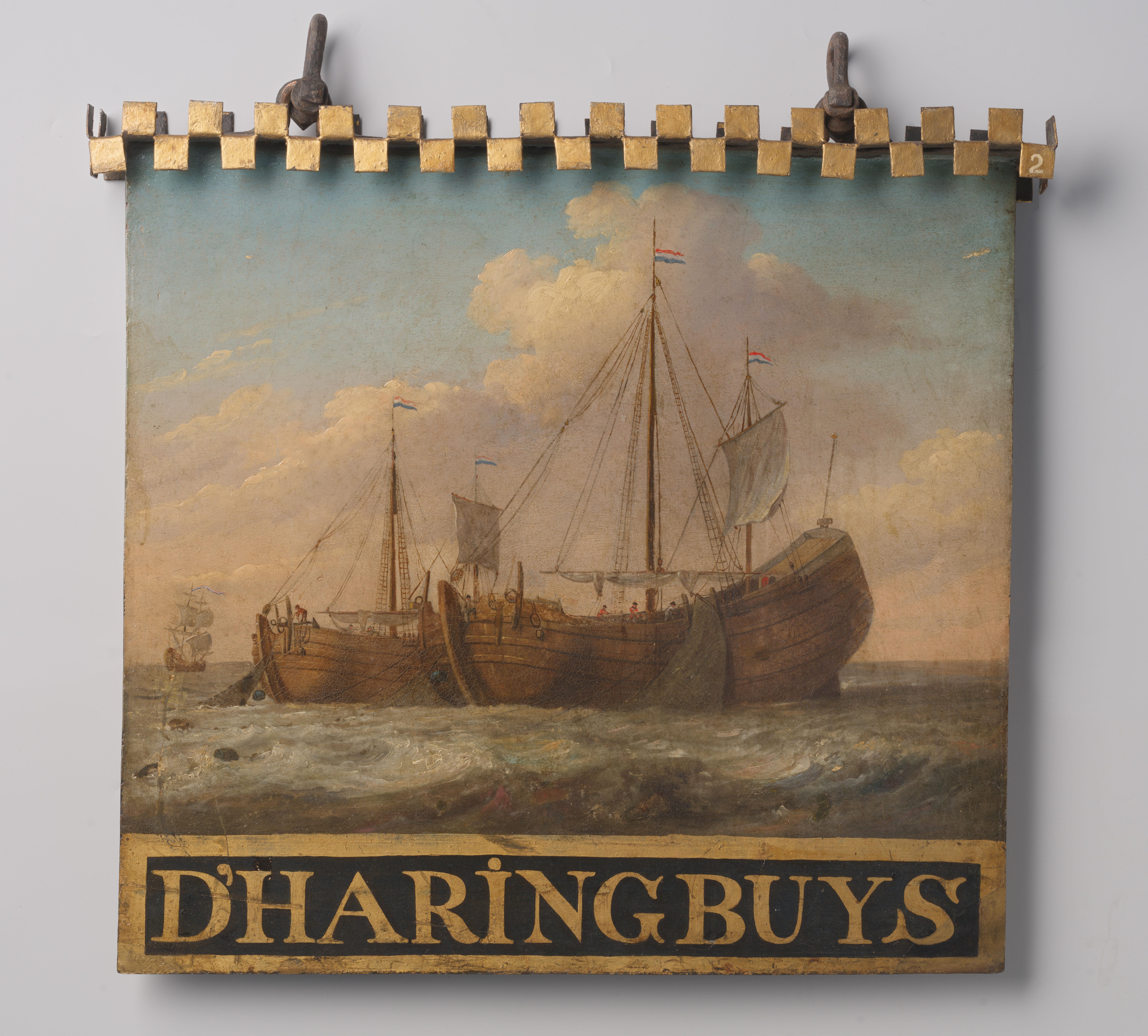 Sign, both sides painted with Herring Boats
