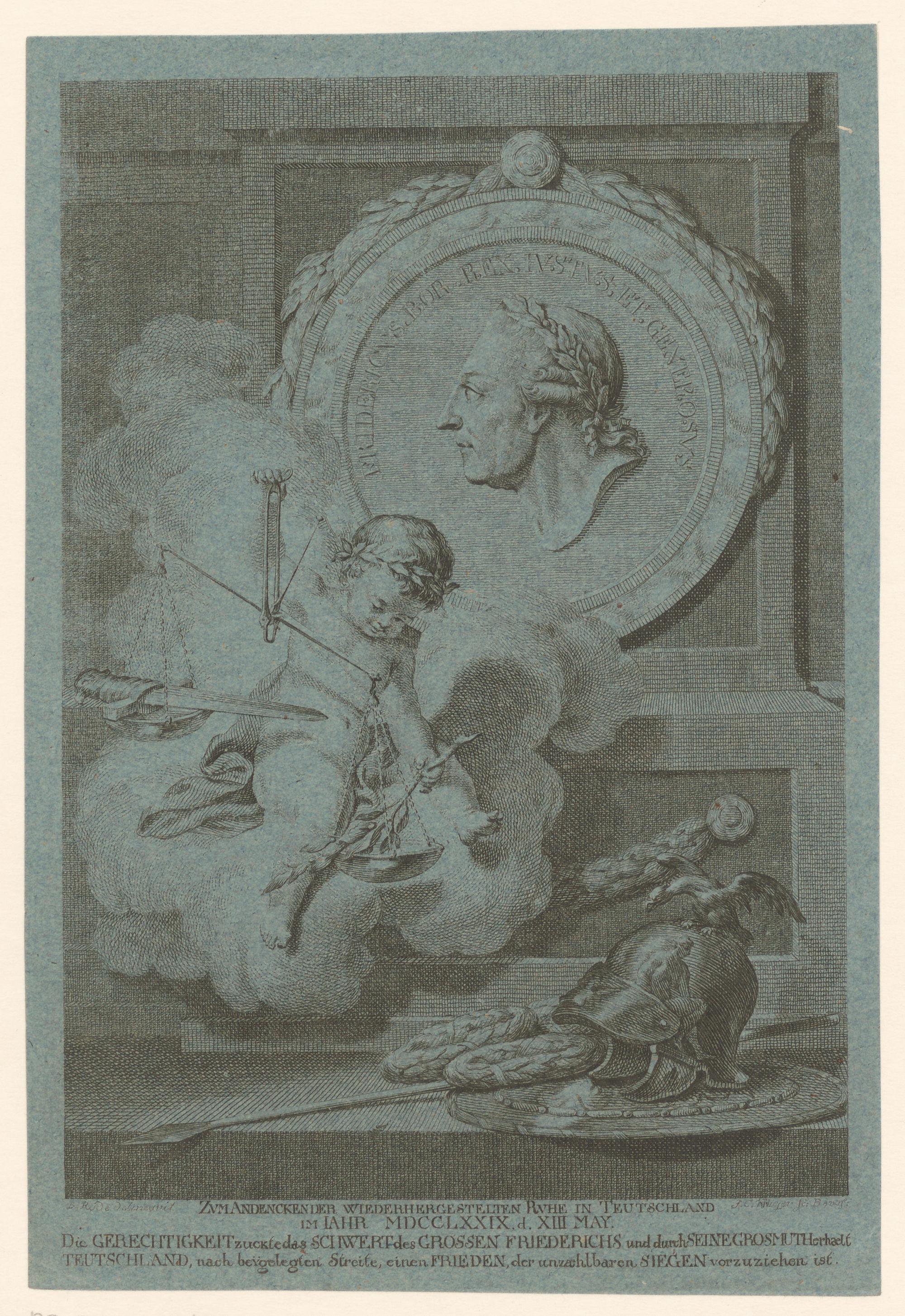 Portret van Frederik de Grote en allegorie op de vrede
