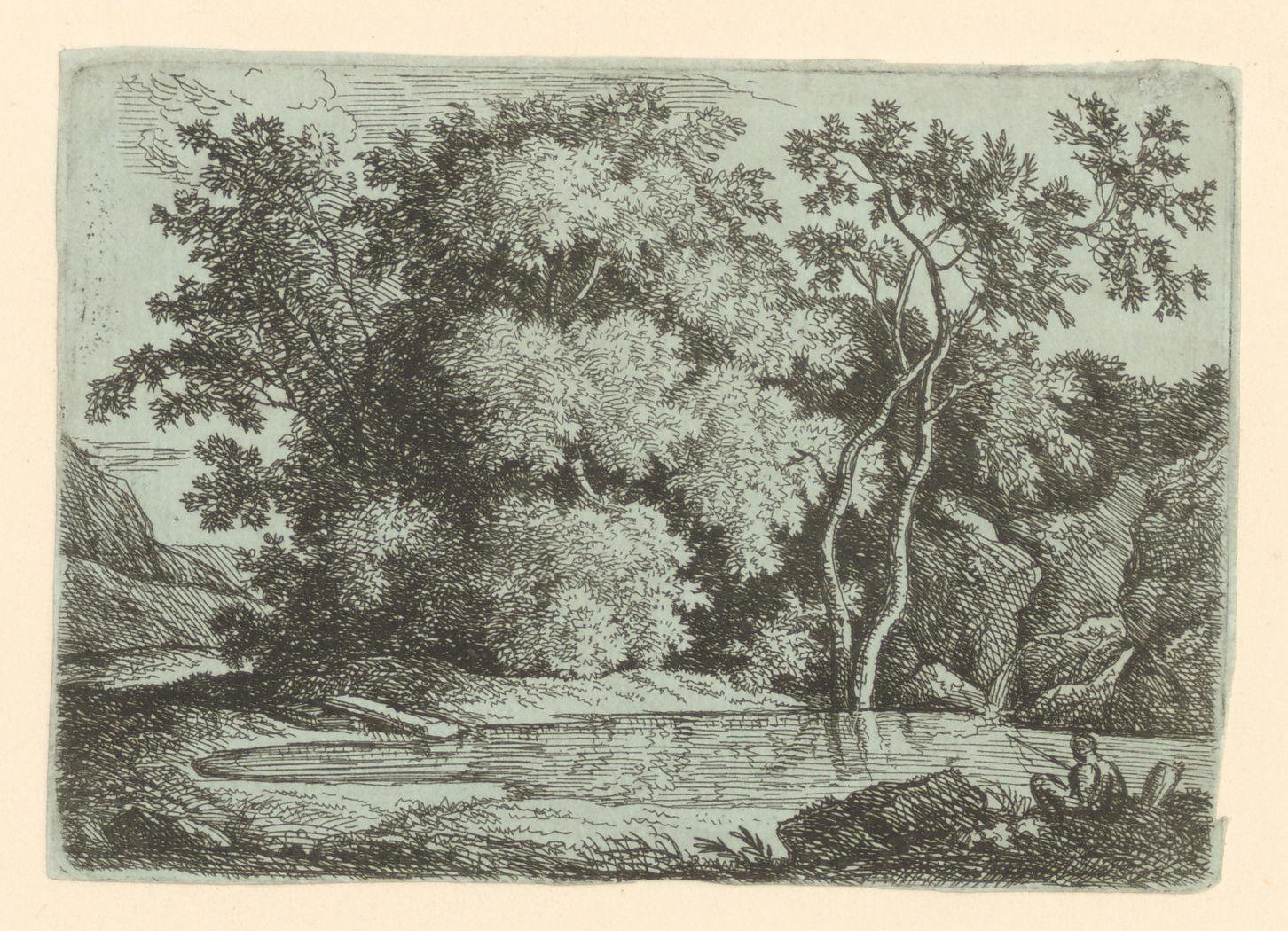 Landschap met meer, bomen en een visser