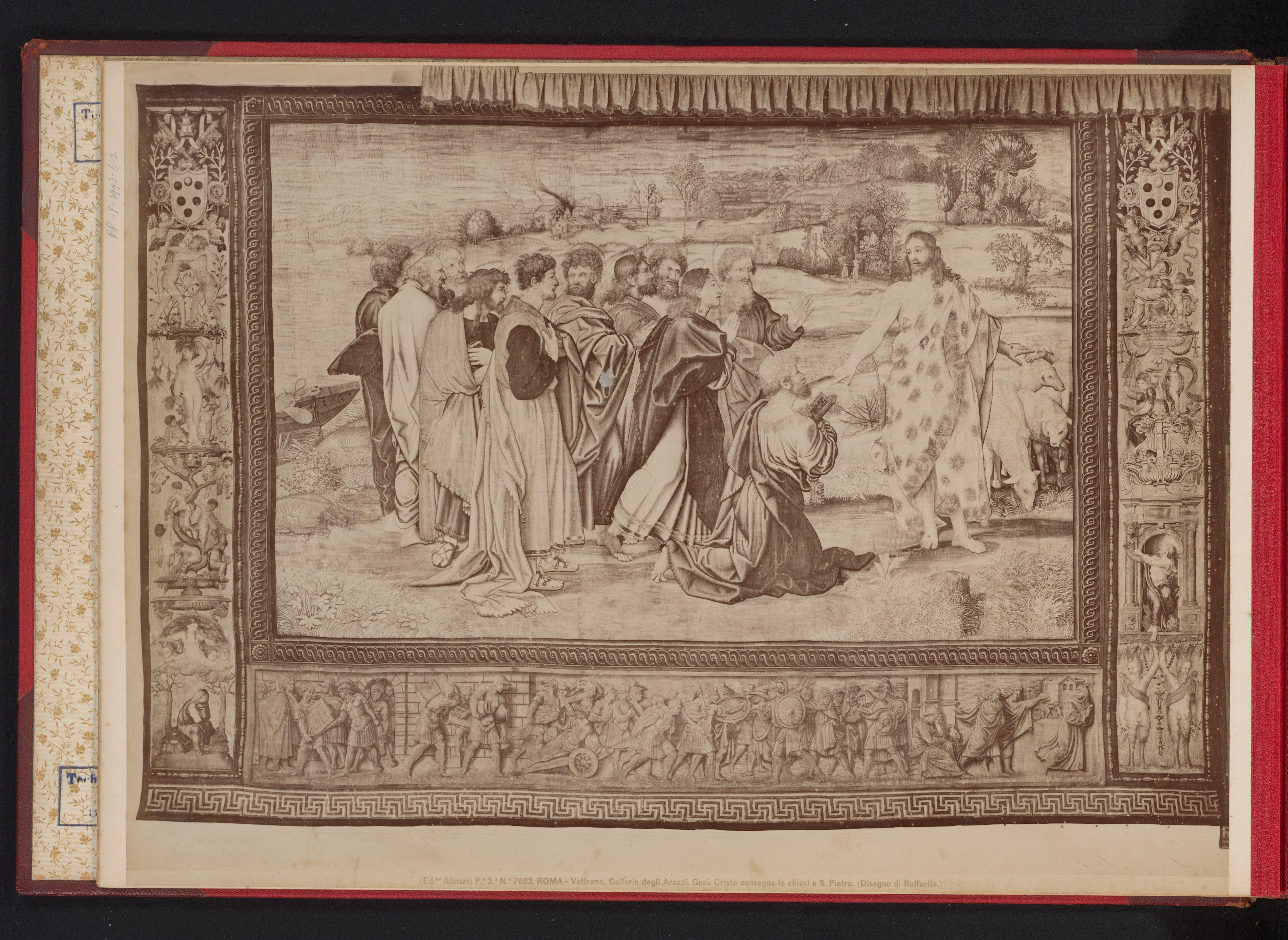 Fotoreproductie van tapijt Christus overhandigt Petrus de sleutels, Galleria degli Arezzi, Vaticaan
