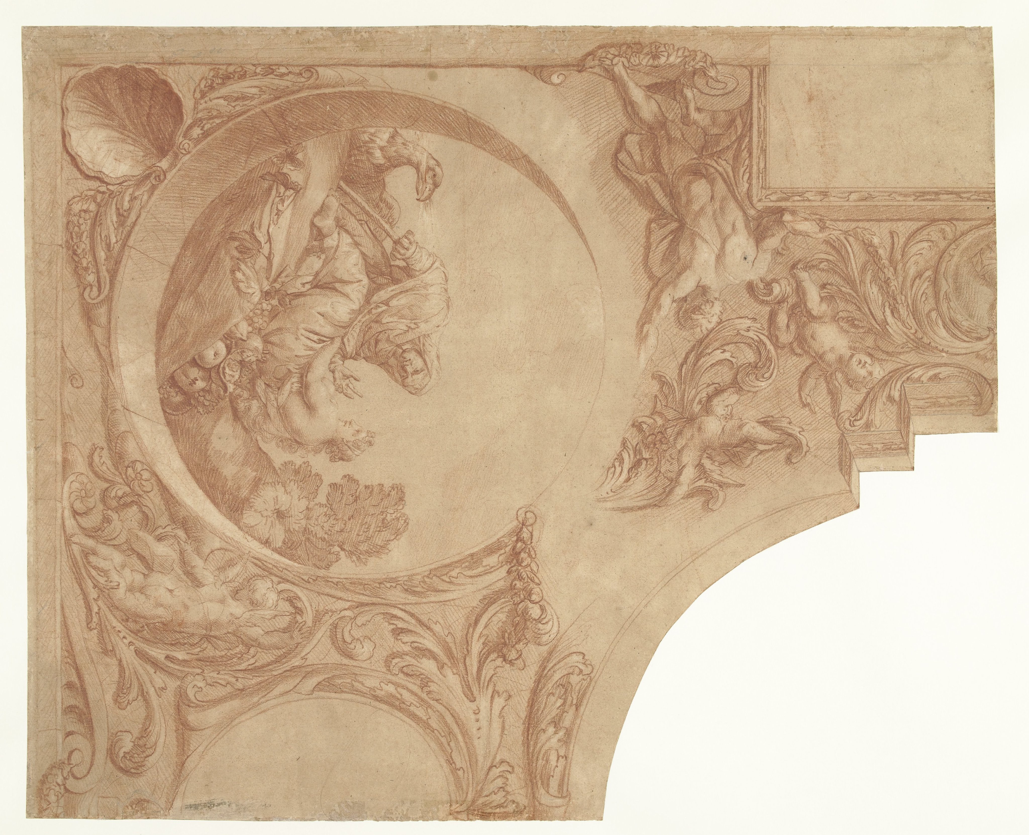 Ontwerp voor een hoekstuk van een plafond met Vertumnus en Pomona