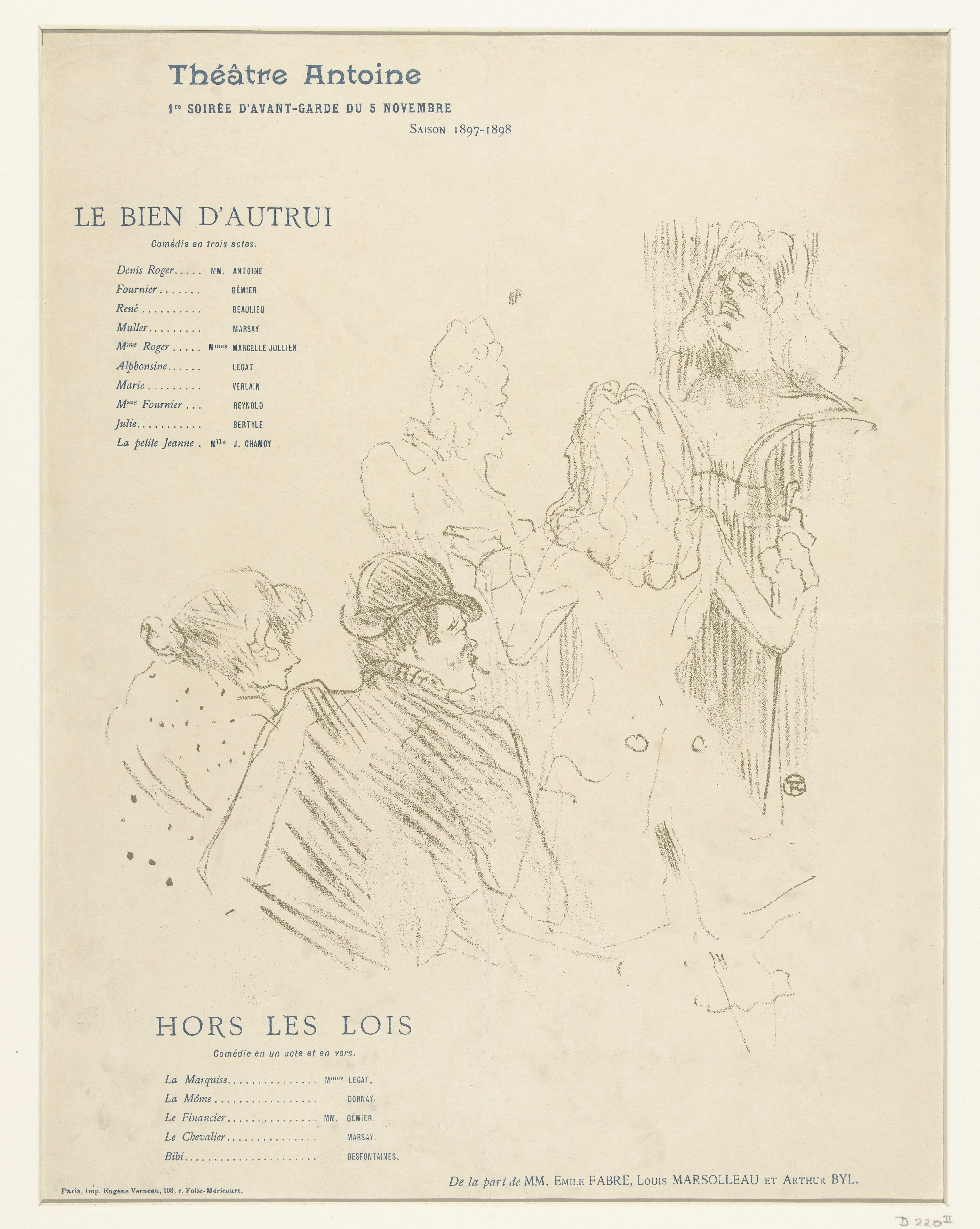 Programma voor toneelstukken Le bien d'autrui en Hors les lois met acteurs voor buste van Molière en rolverdeling
