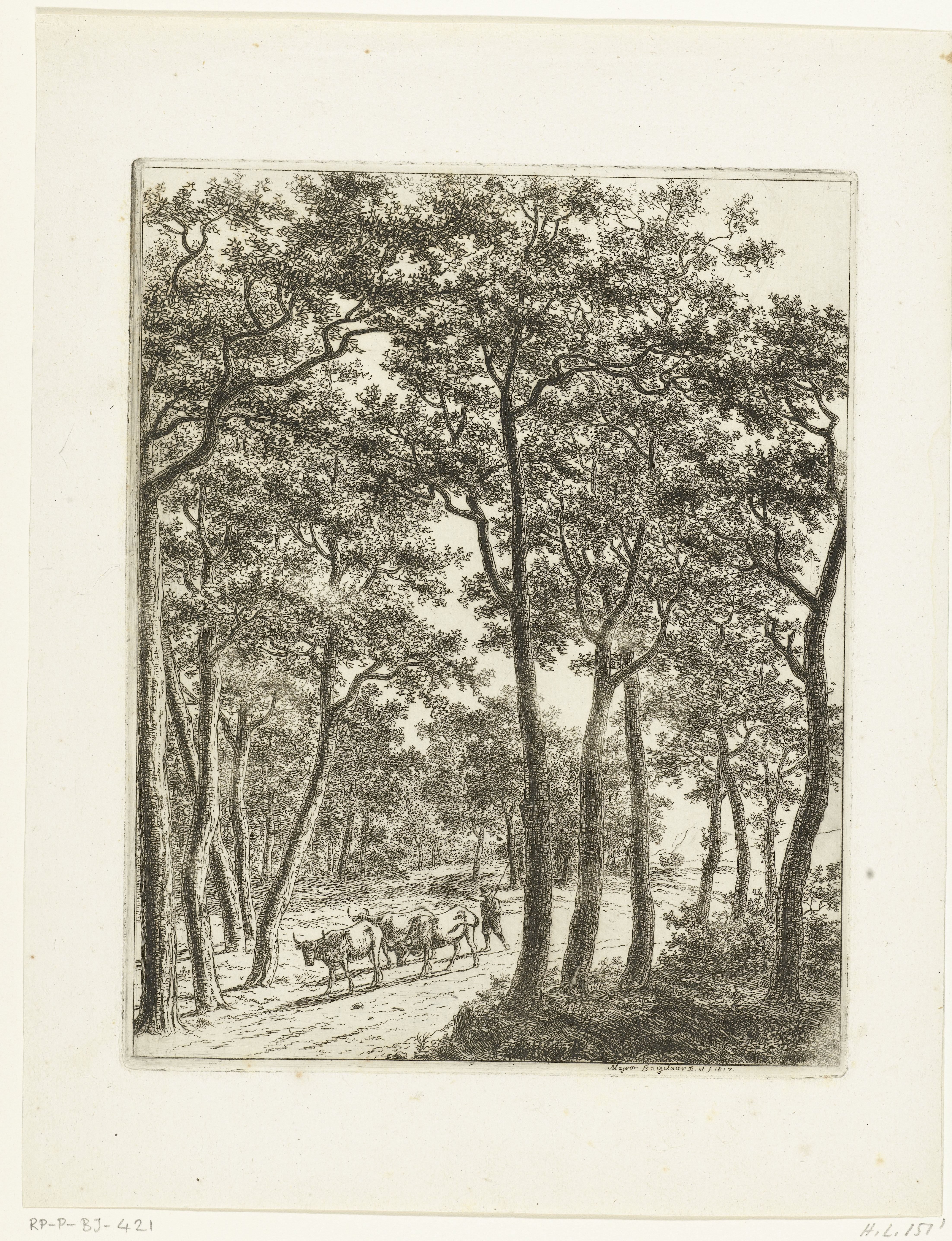 Boslandschap met een herder en drie koeien