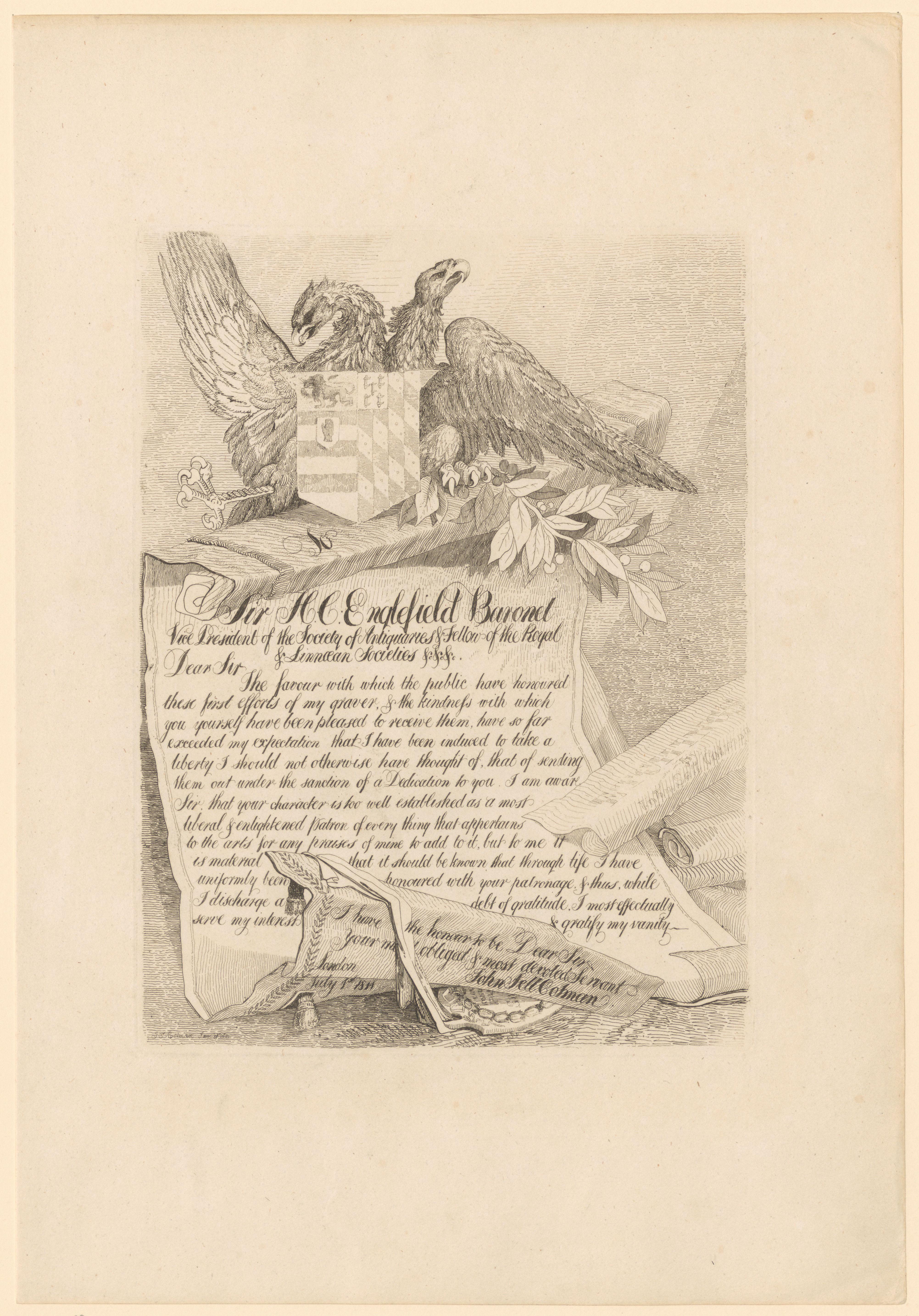 Papieren rol met opdracht aan Sir Henry Charles Englefield, vastgehouden adelaar met twee koppen