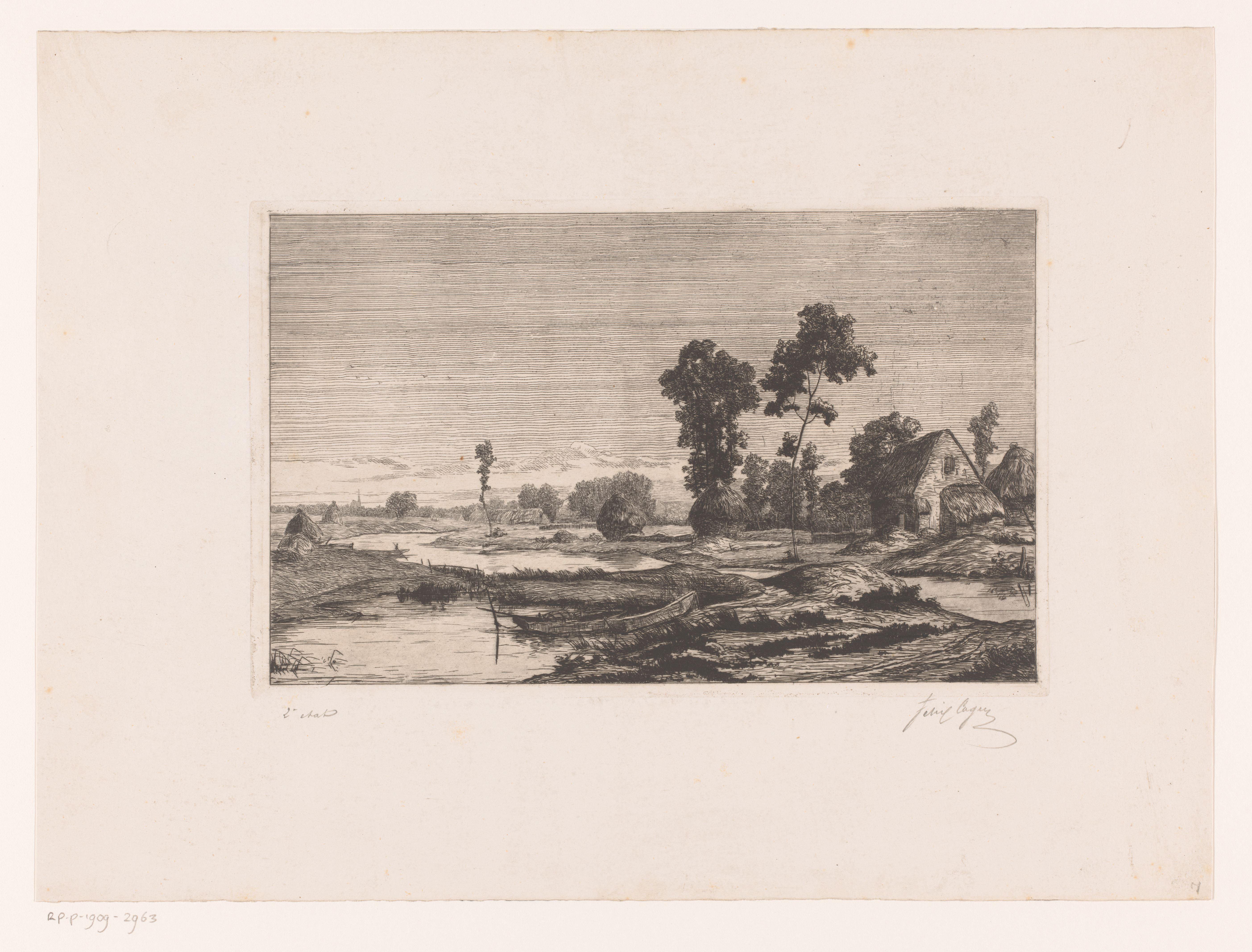 Waterrijk landschap met boerderij en hooibergen