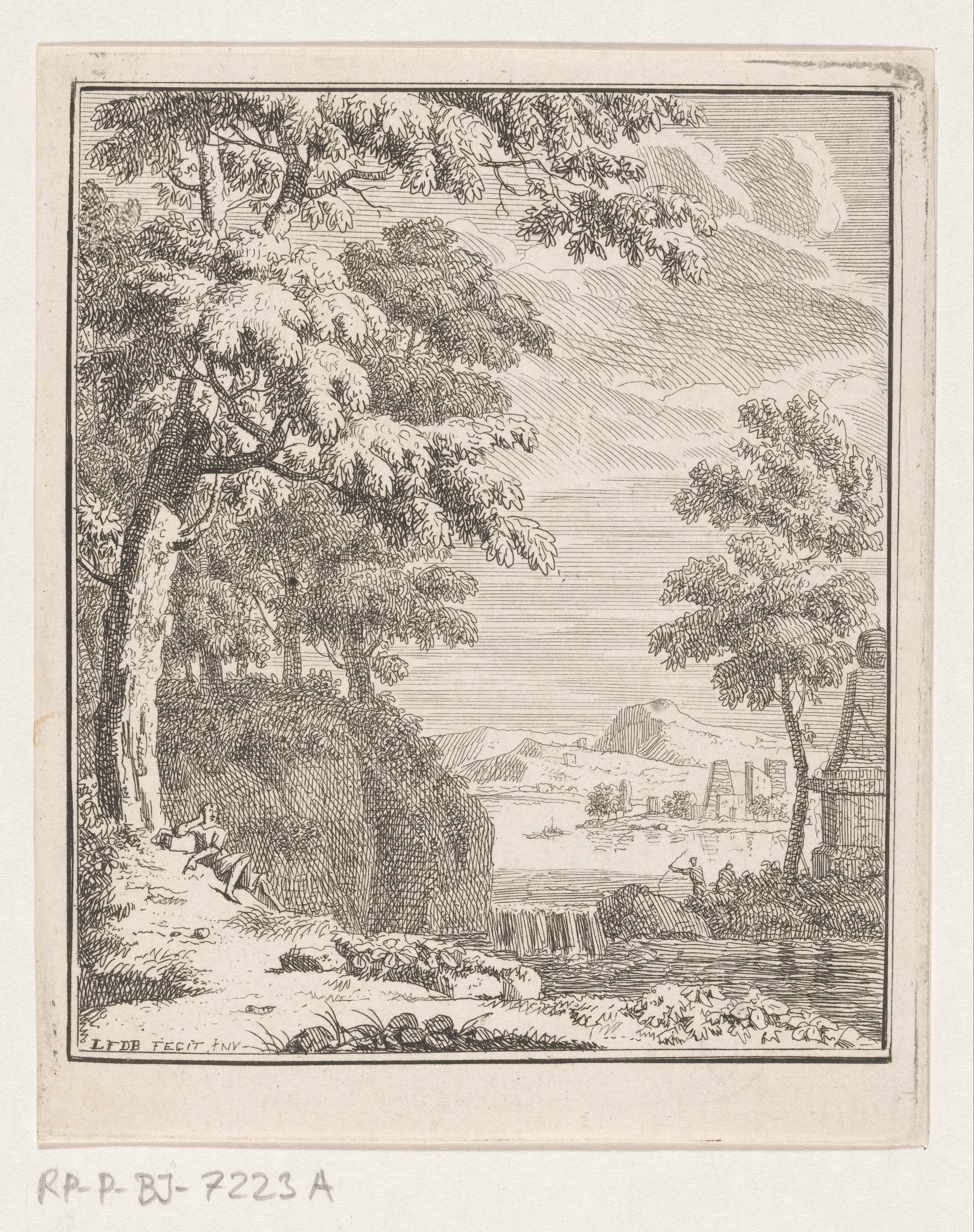 Arcadisch landschap met herder bij waterval