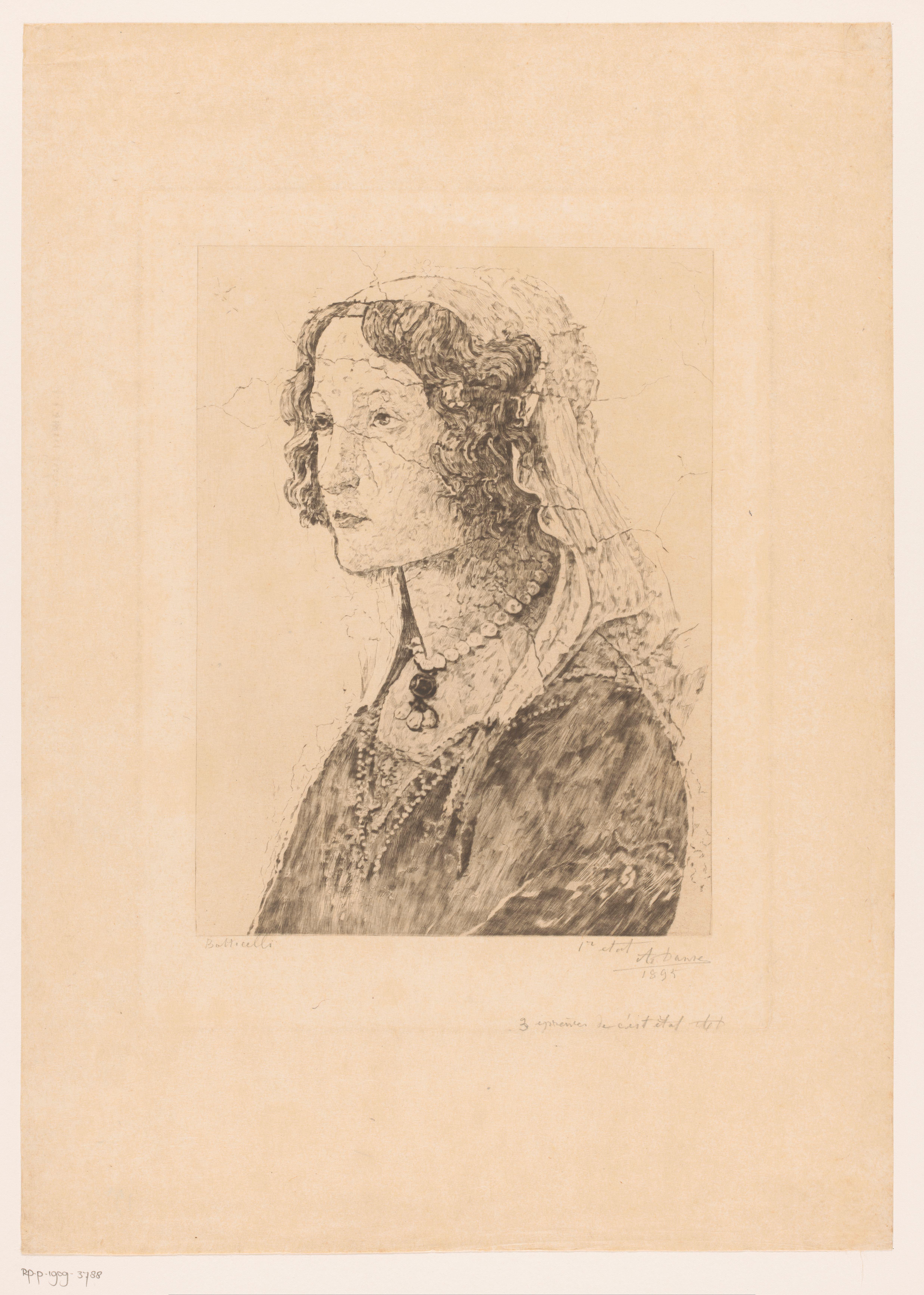 Detail uit een fresco van Botticelli, gezicht van een jonge vrouw