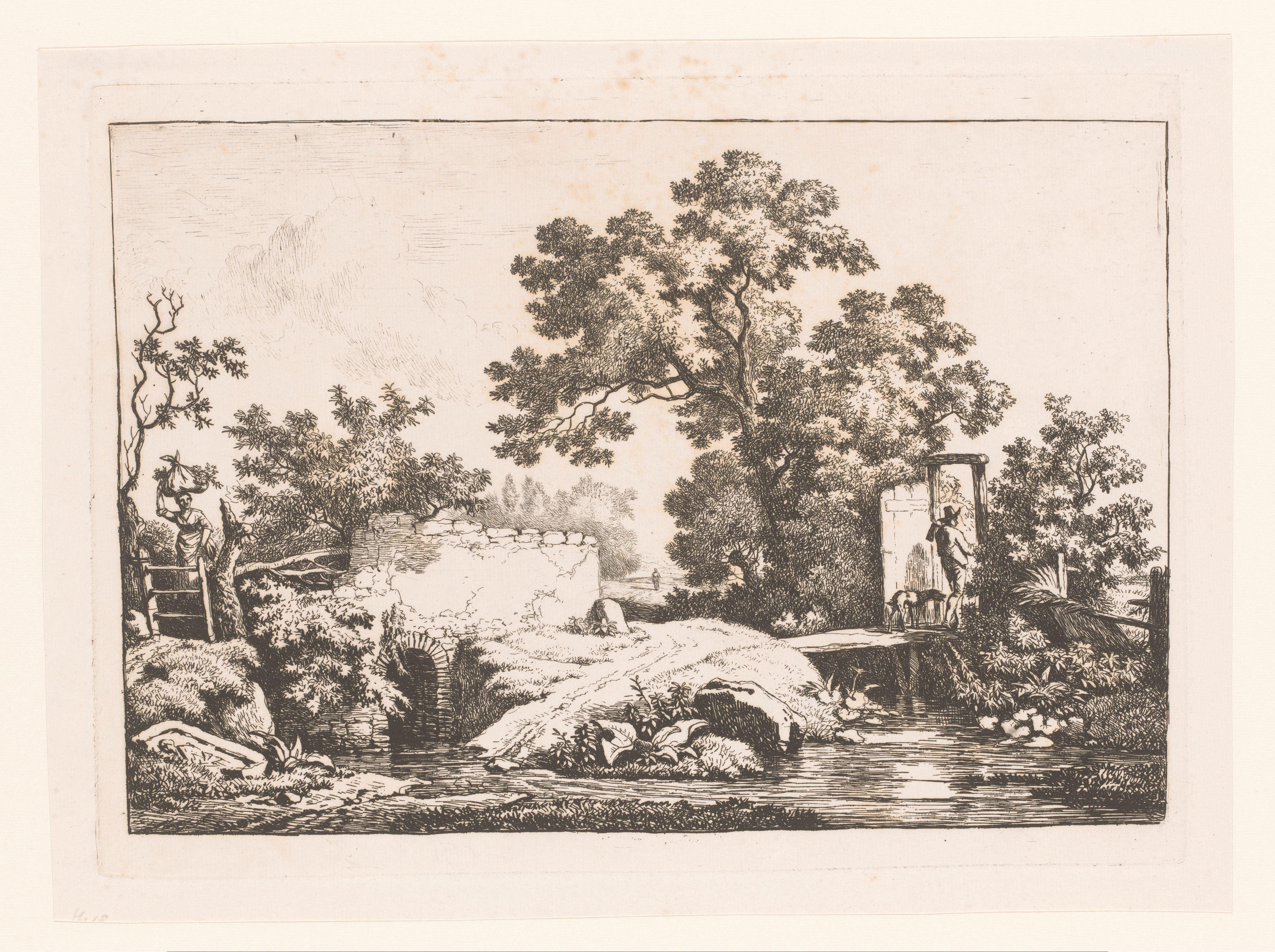 Landschap met bruggen en een man die met zijn hond door een poort loopt