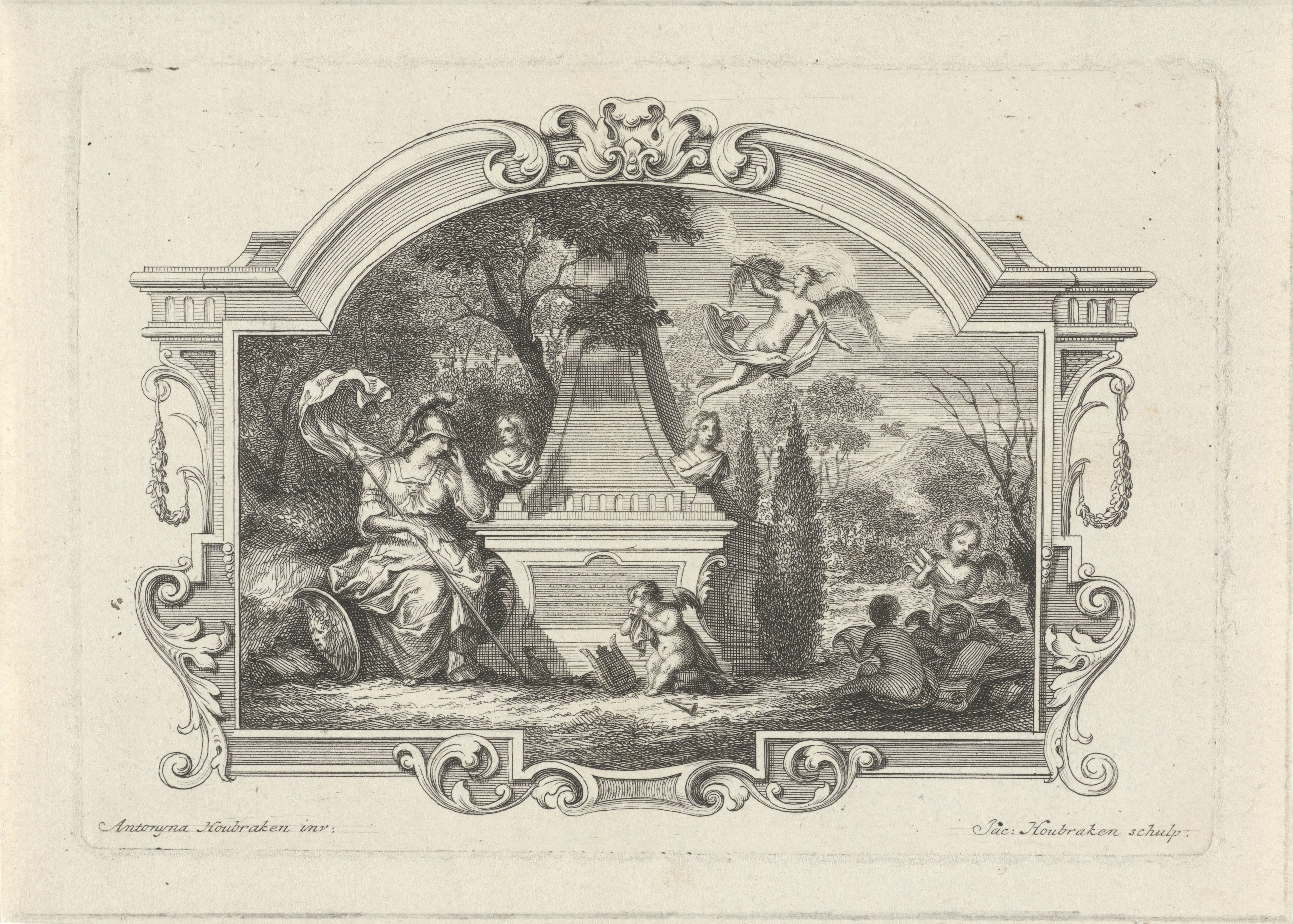 Minerva en putti treurend bij een graftombe