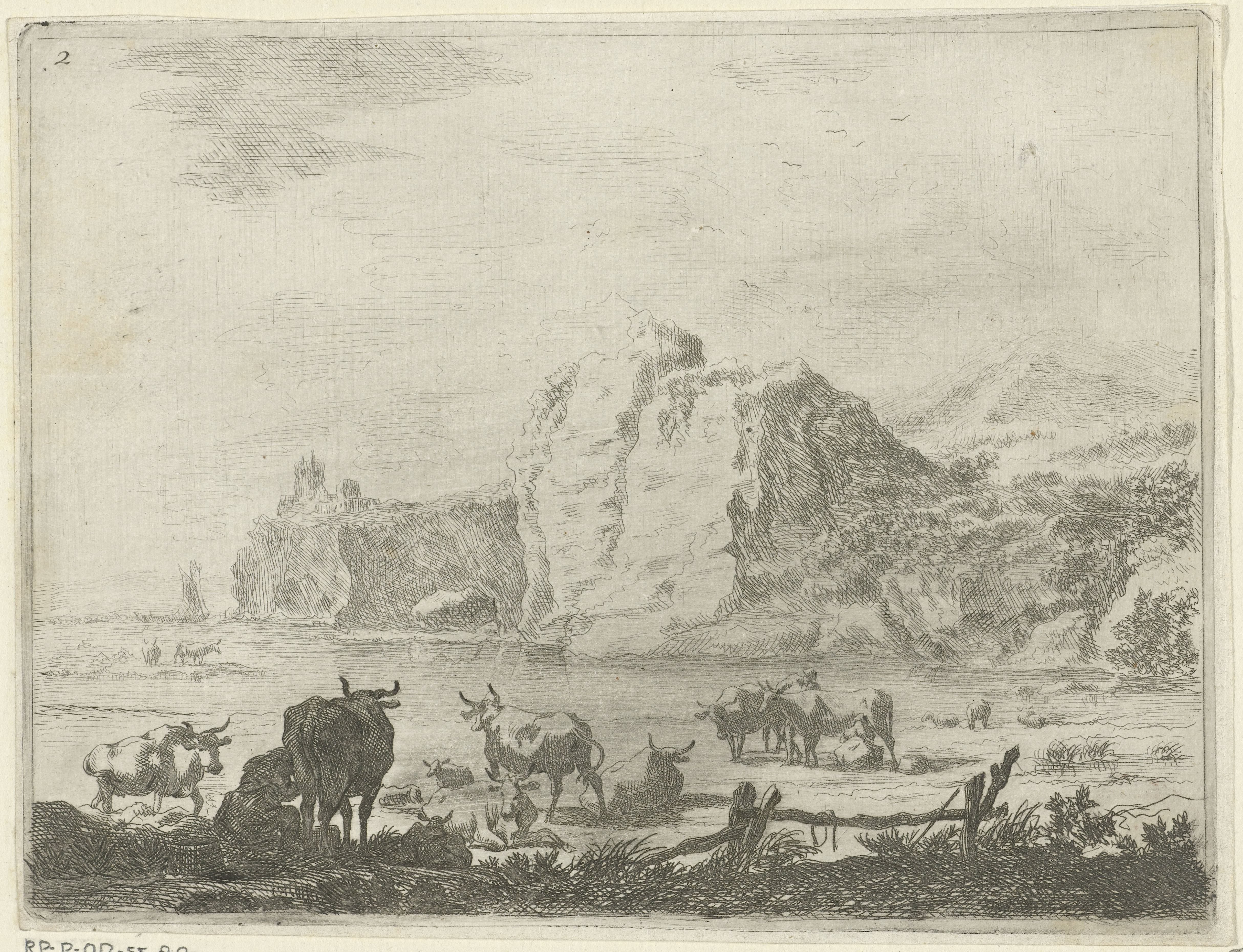 Rivierlandschap met herders en koeien