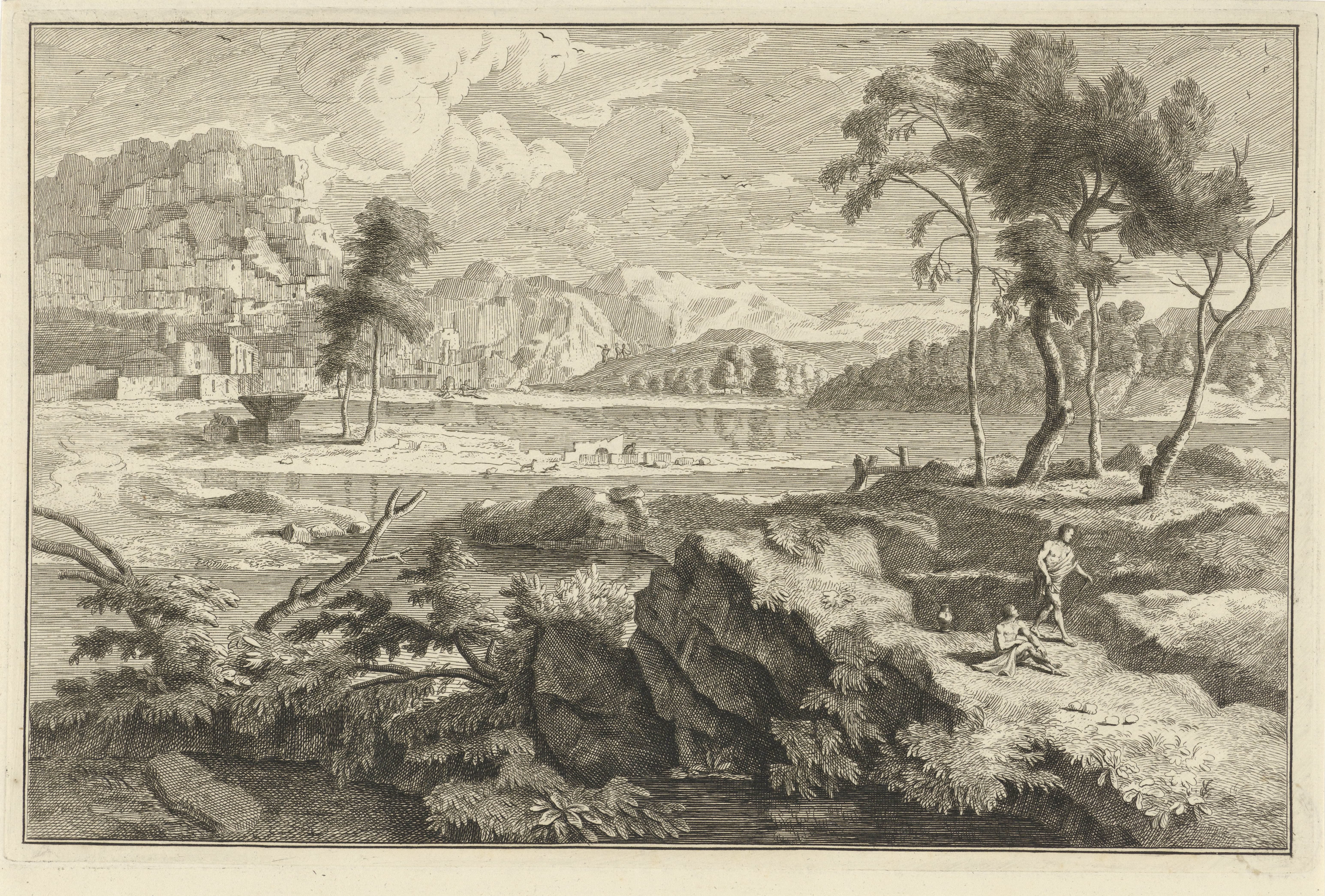 Arcadisch landschap met rotsen en rivier
