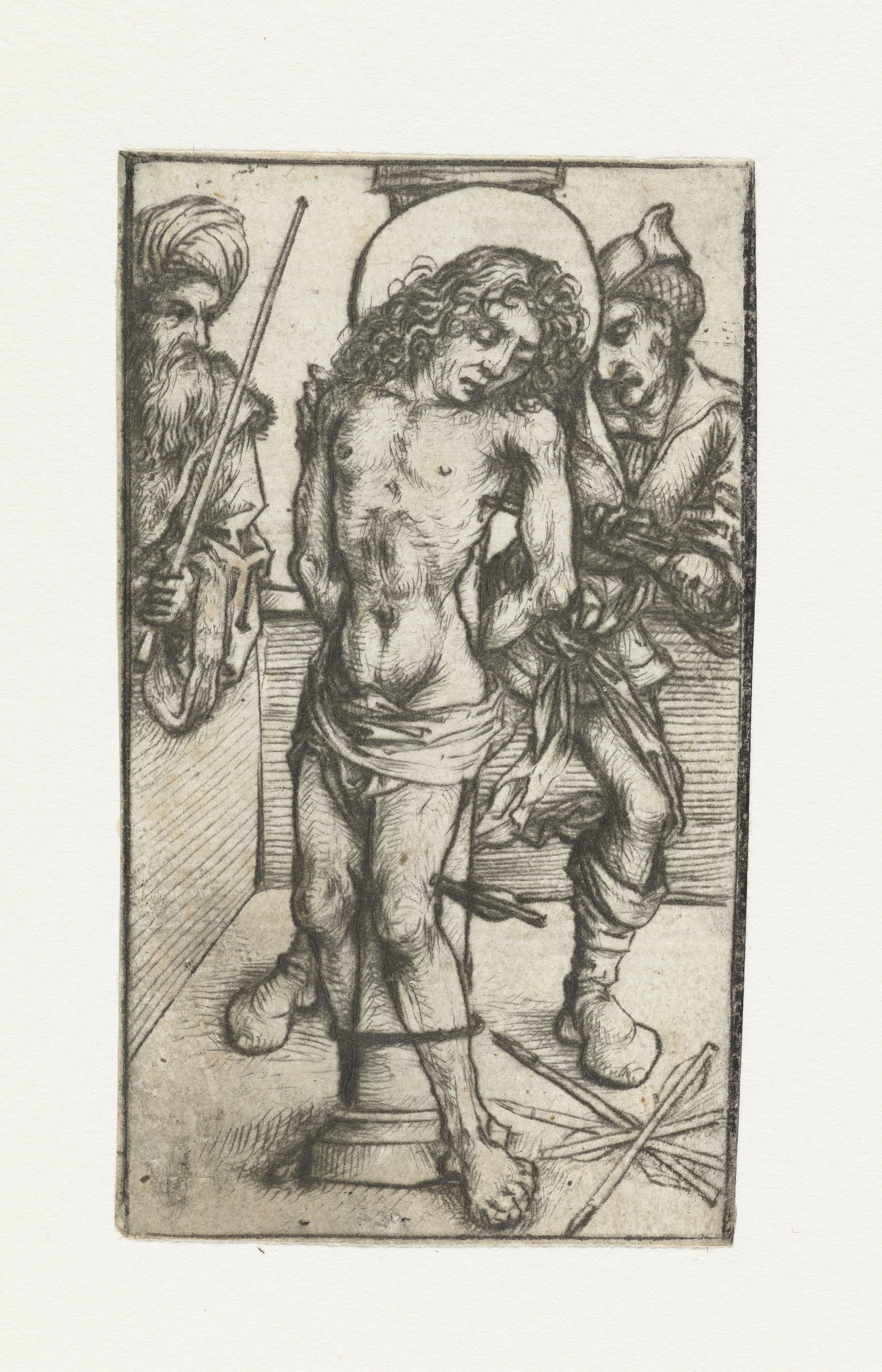 Heilige Sebastiaan aan de geselpaal, met rechter en beulsknecht