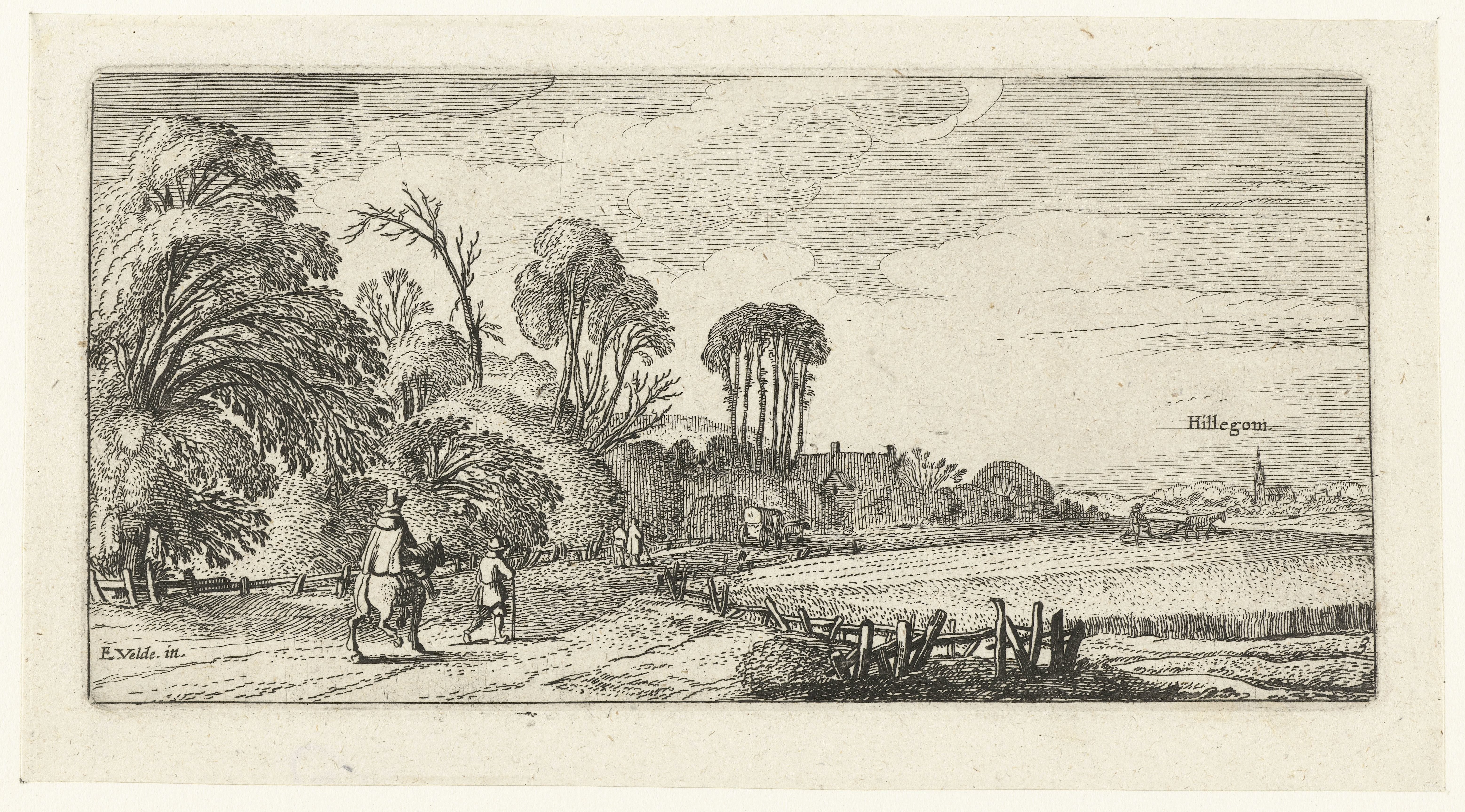 Landschap met ruiter en wandelaar op een weg bij Hillegom