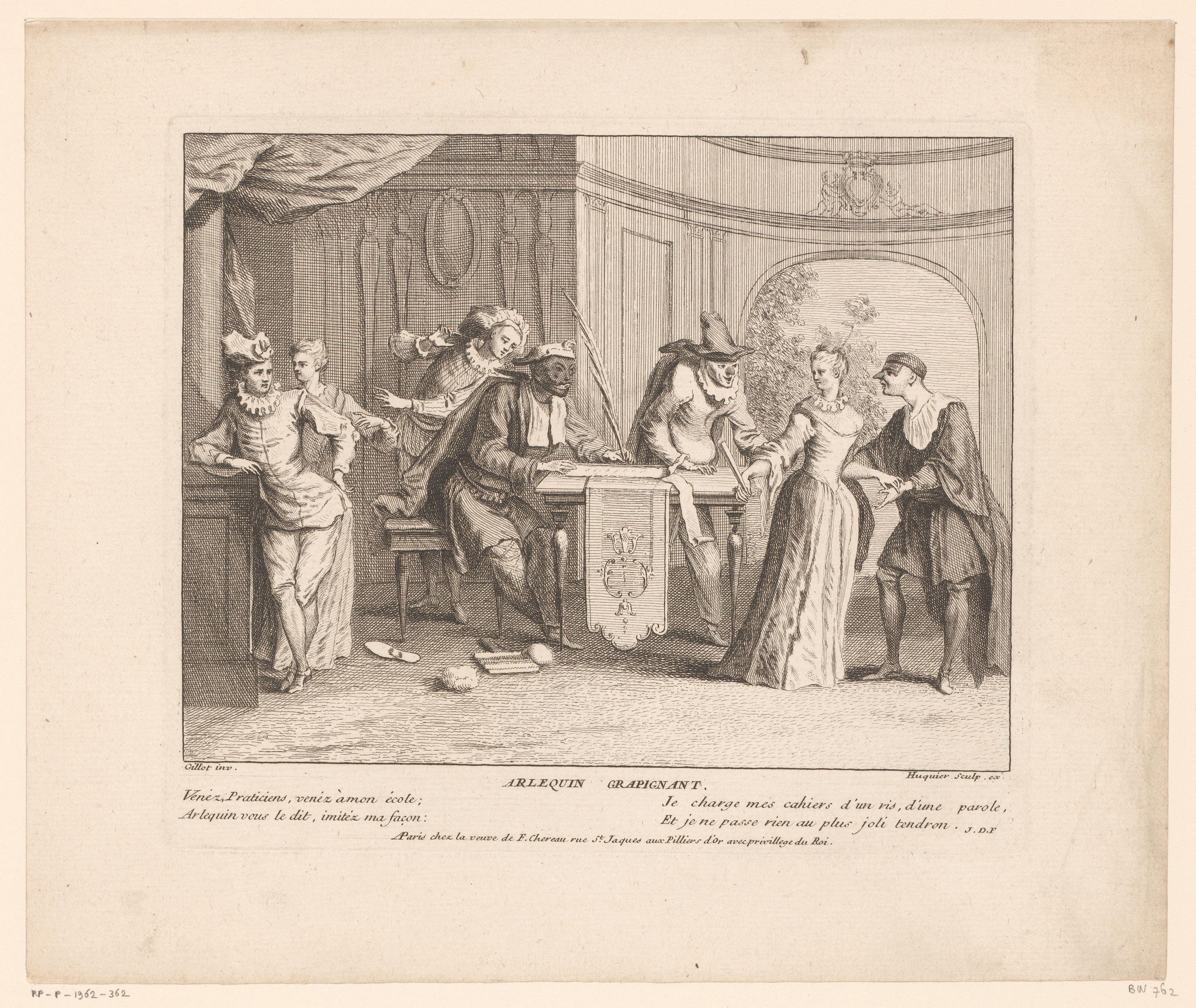 Groep figuren rond een tafel met Harlekijn en een jonge vrouw