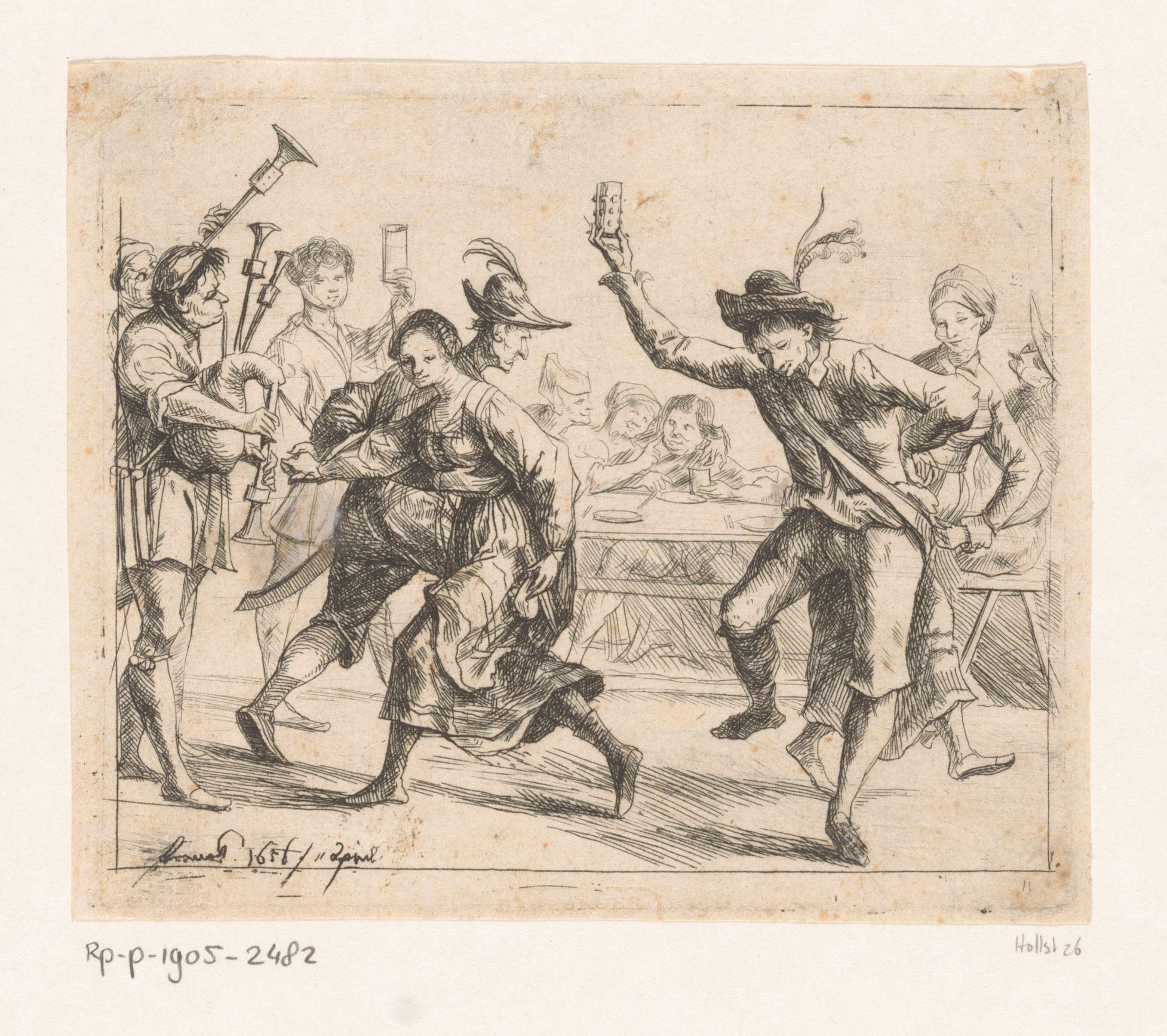 Dansende soldaten en vrouwen in een herberg