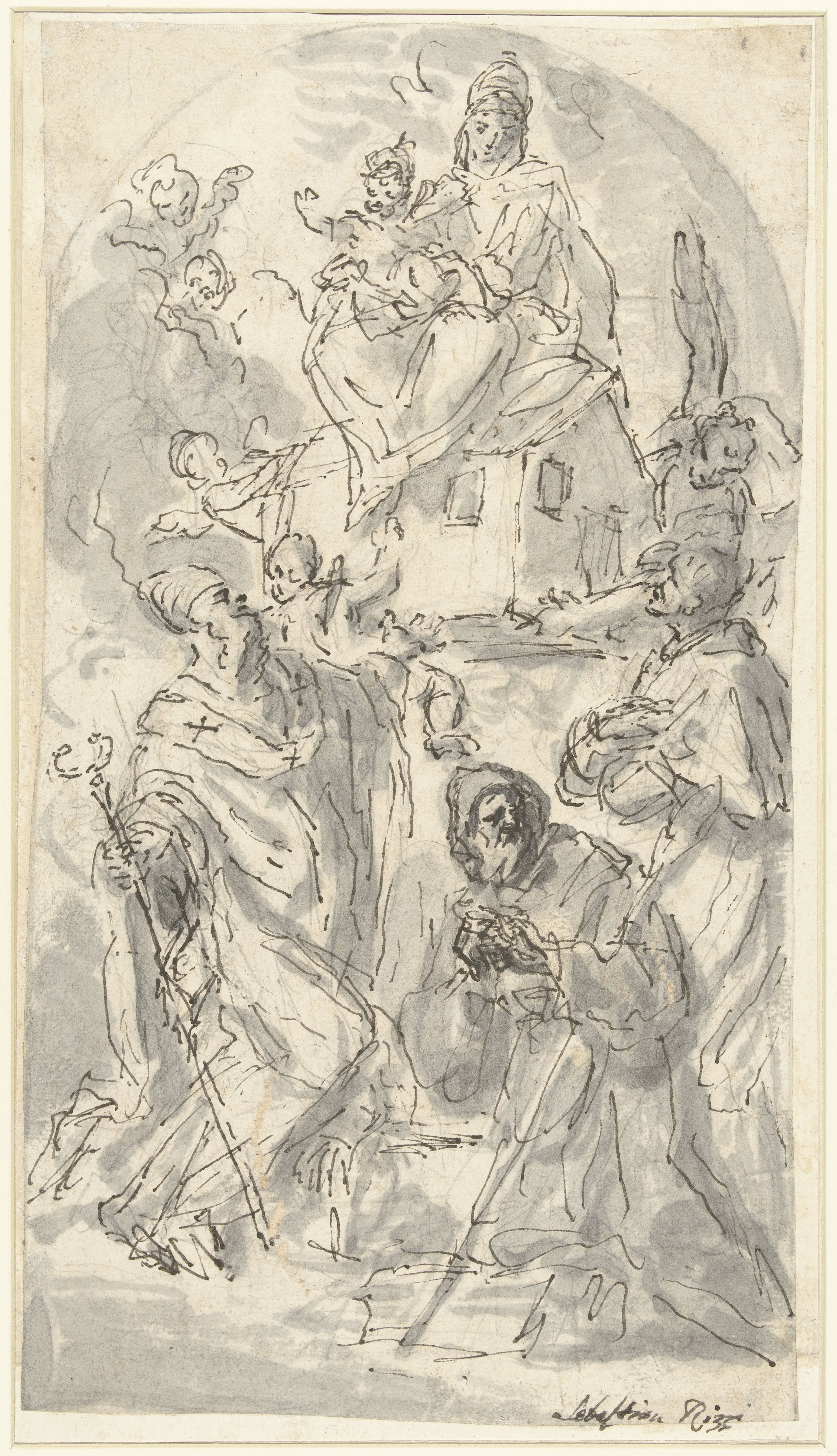 De Madonna van de Santa Casa van Loreto, aanbeden door drie heiligen