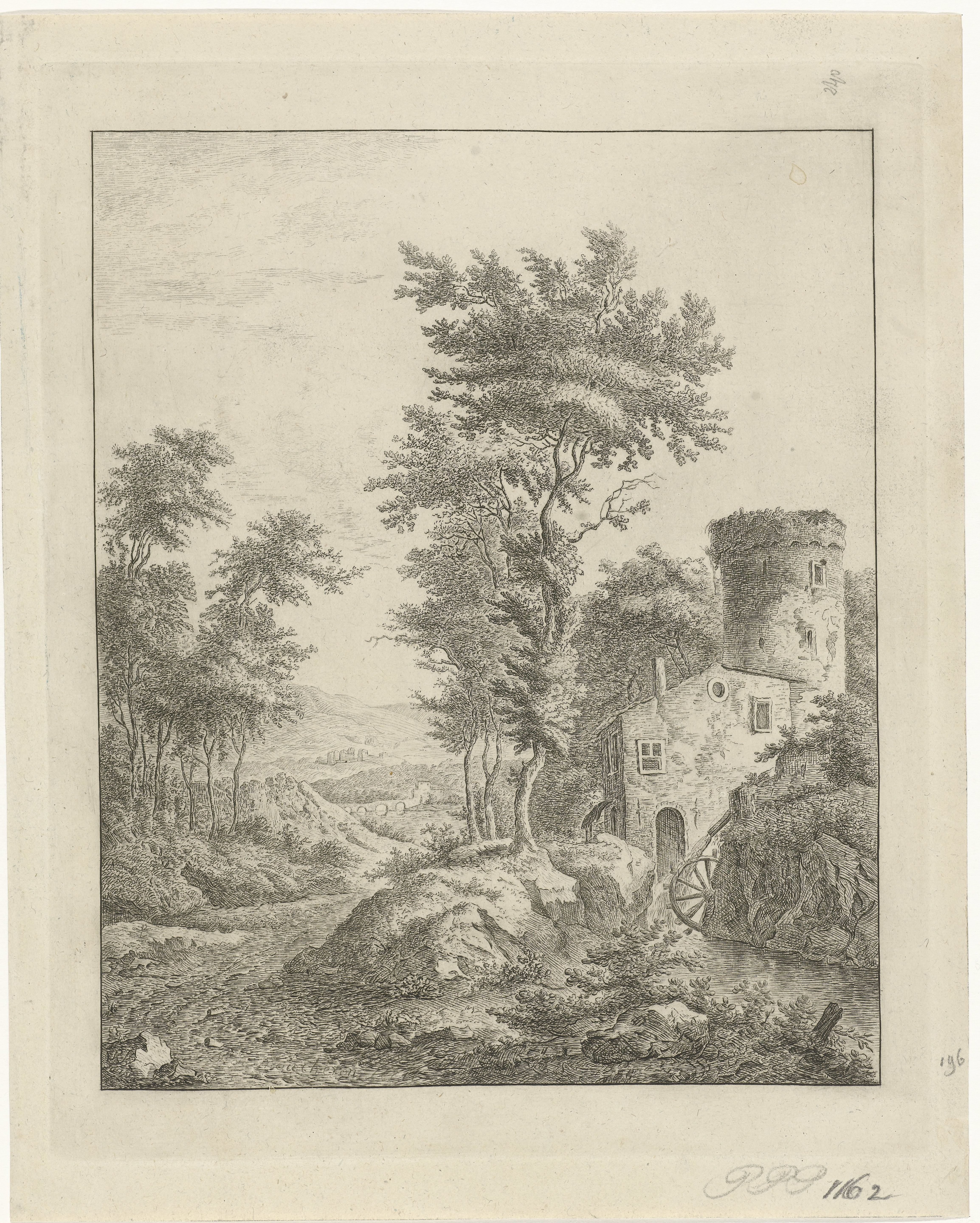 Landschap met rivier en waterrad
