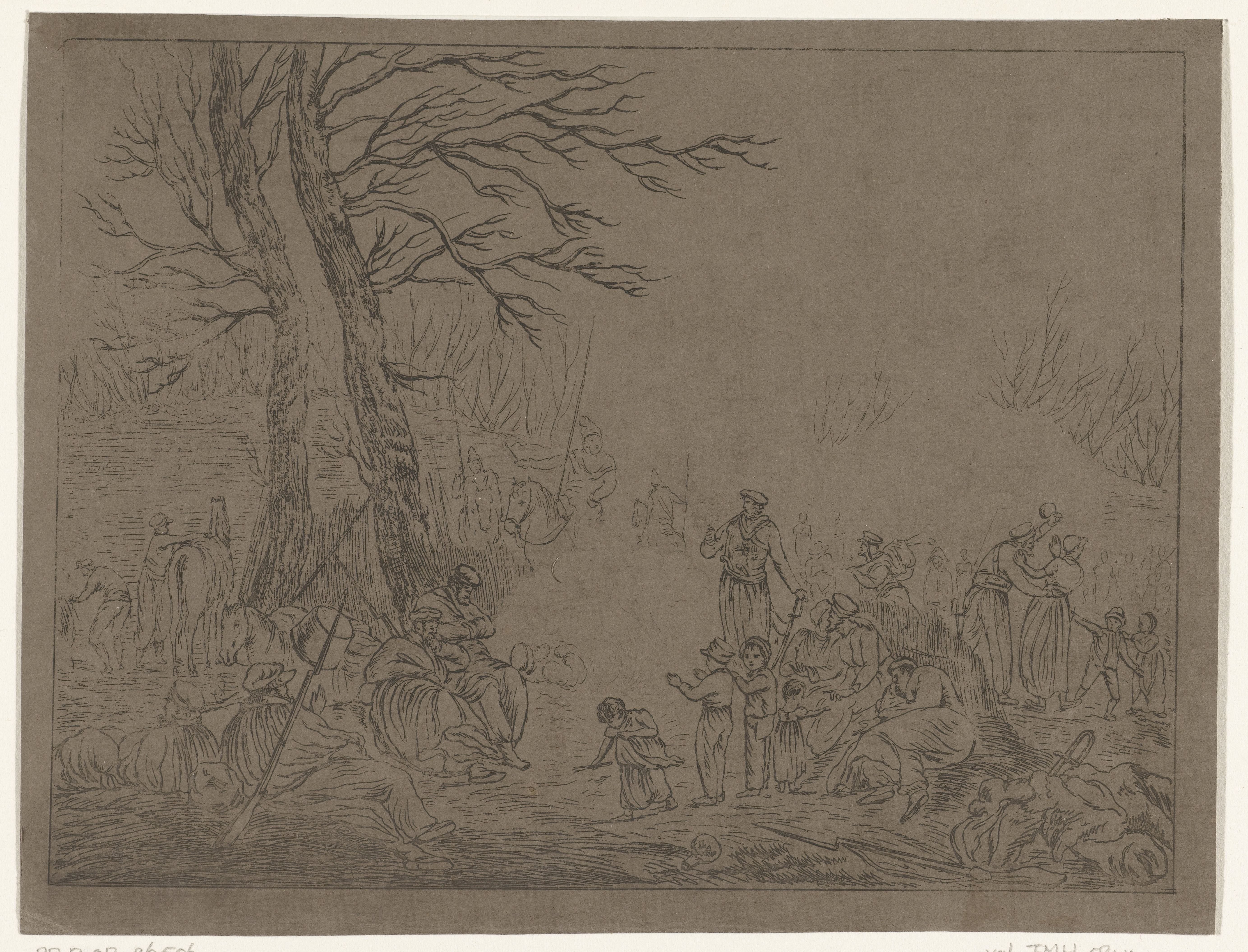 Bivak van Kozakken en burgers bij vuur tijdens Franse bezetting in 1813 te Amsterdam