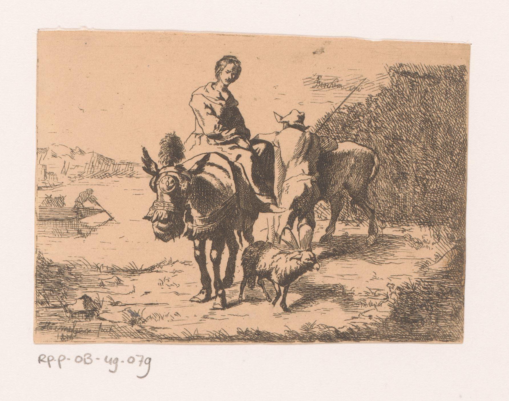Vrouw gezeten op een ezel en een man staand bij een rund