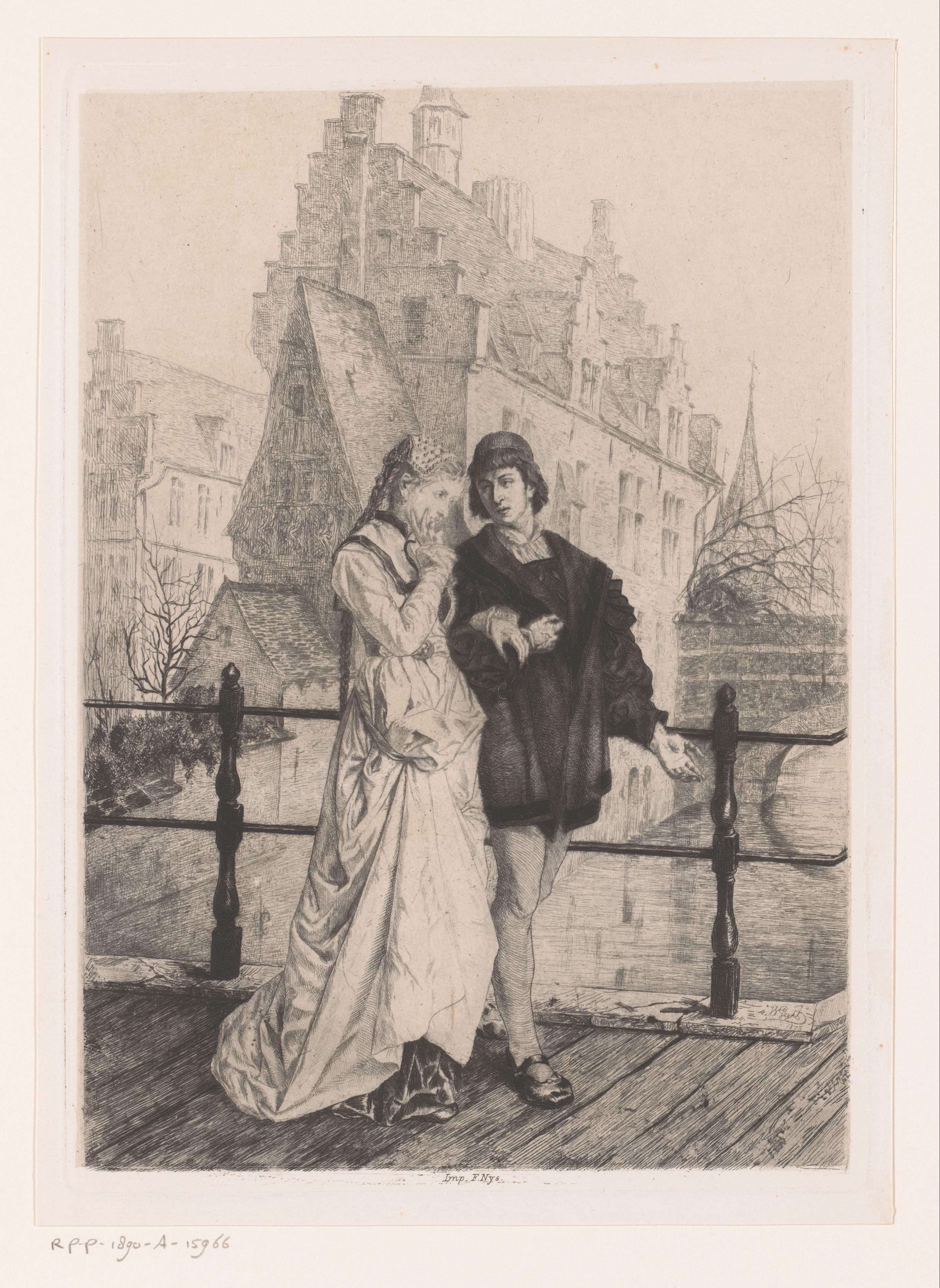 Jong koppel loopt arm in arm over een brug