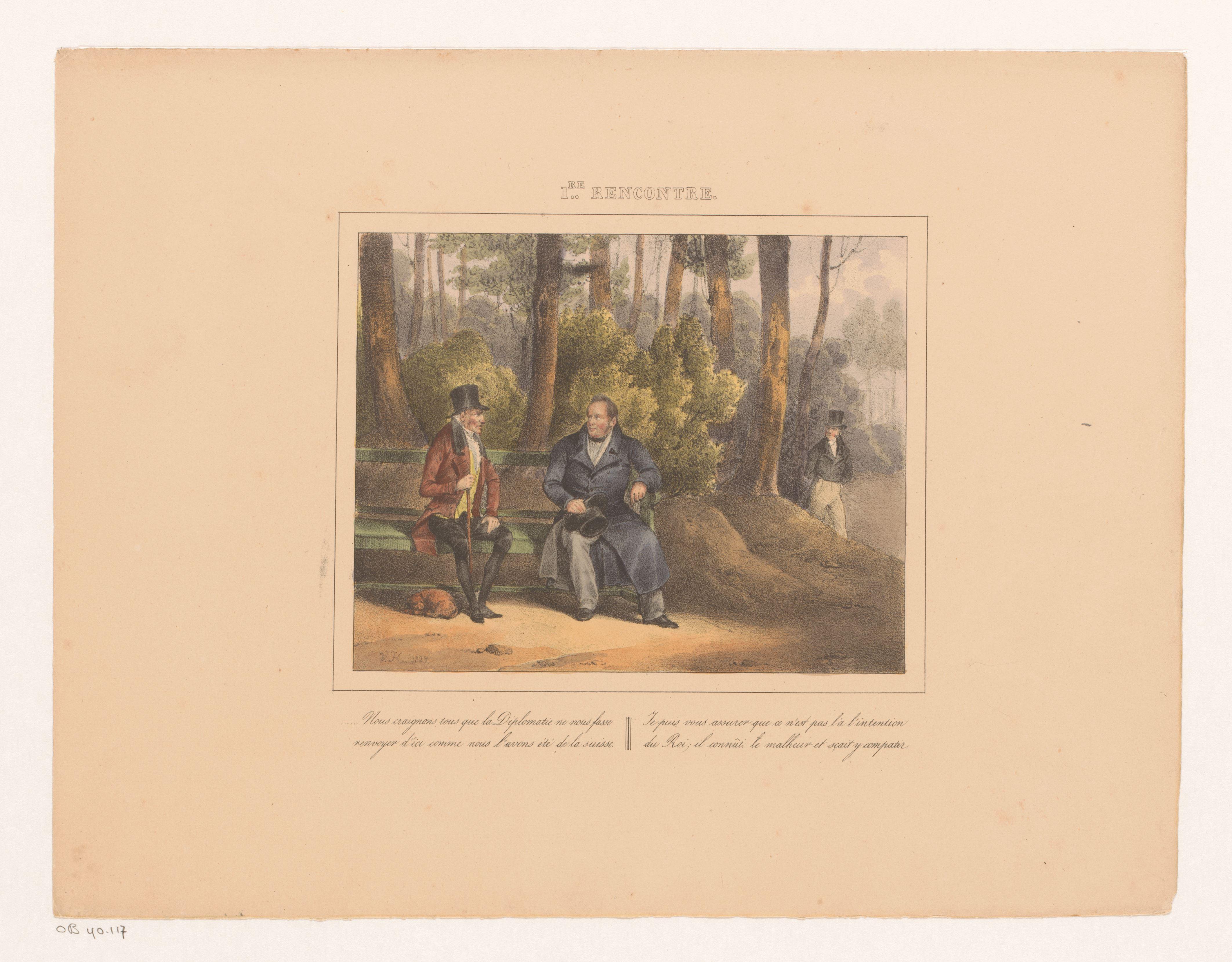 Koning Willem I sprekend met een man in het park, 1829