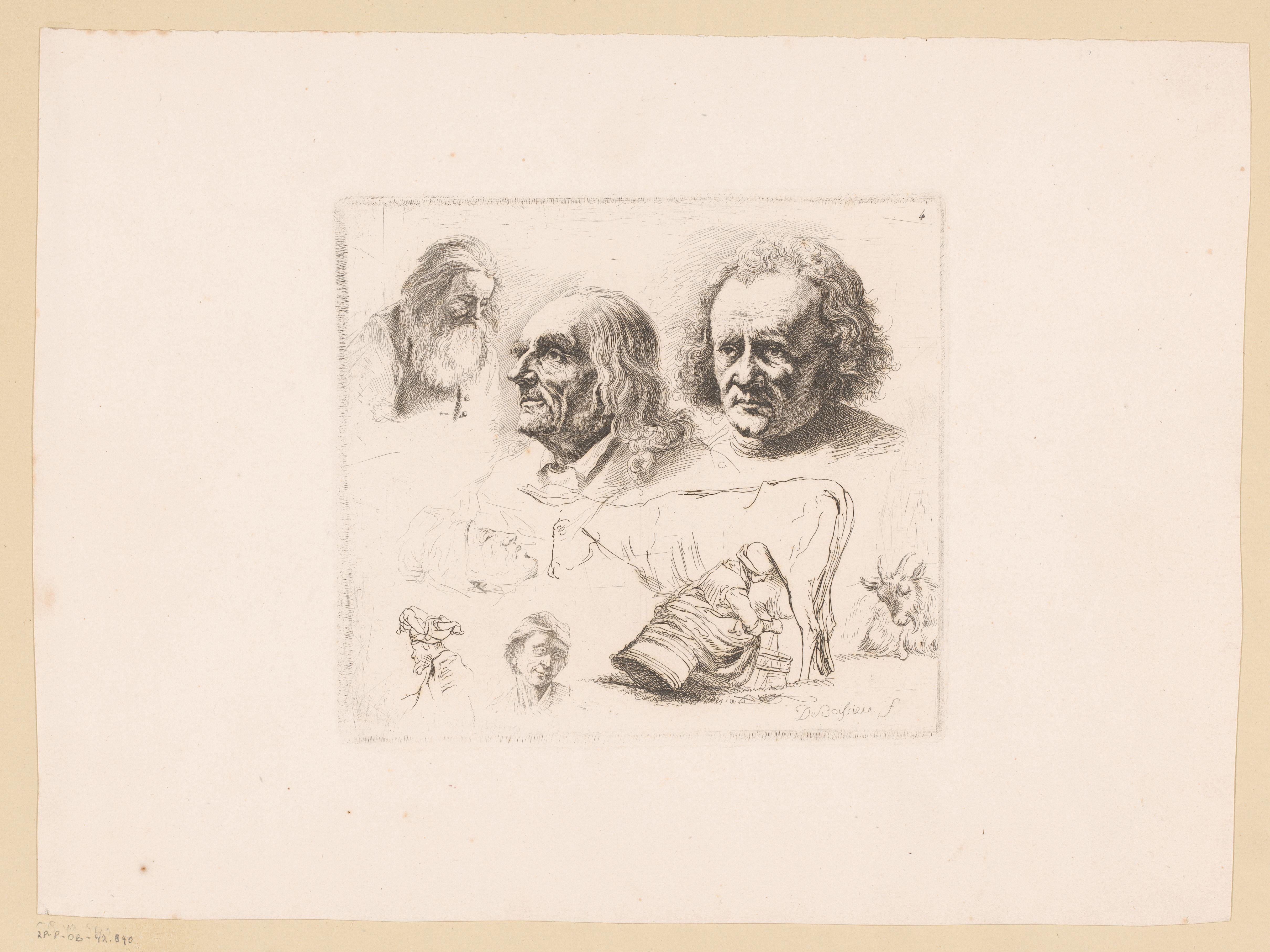 Compositie met koe, bok en zes hoofden van mannen van verschillende leeftijden