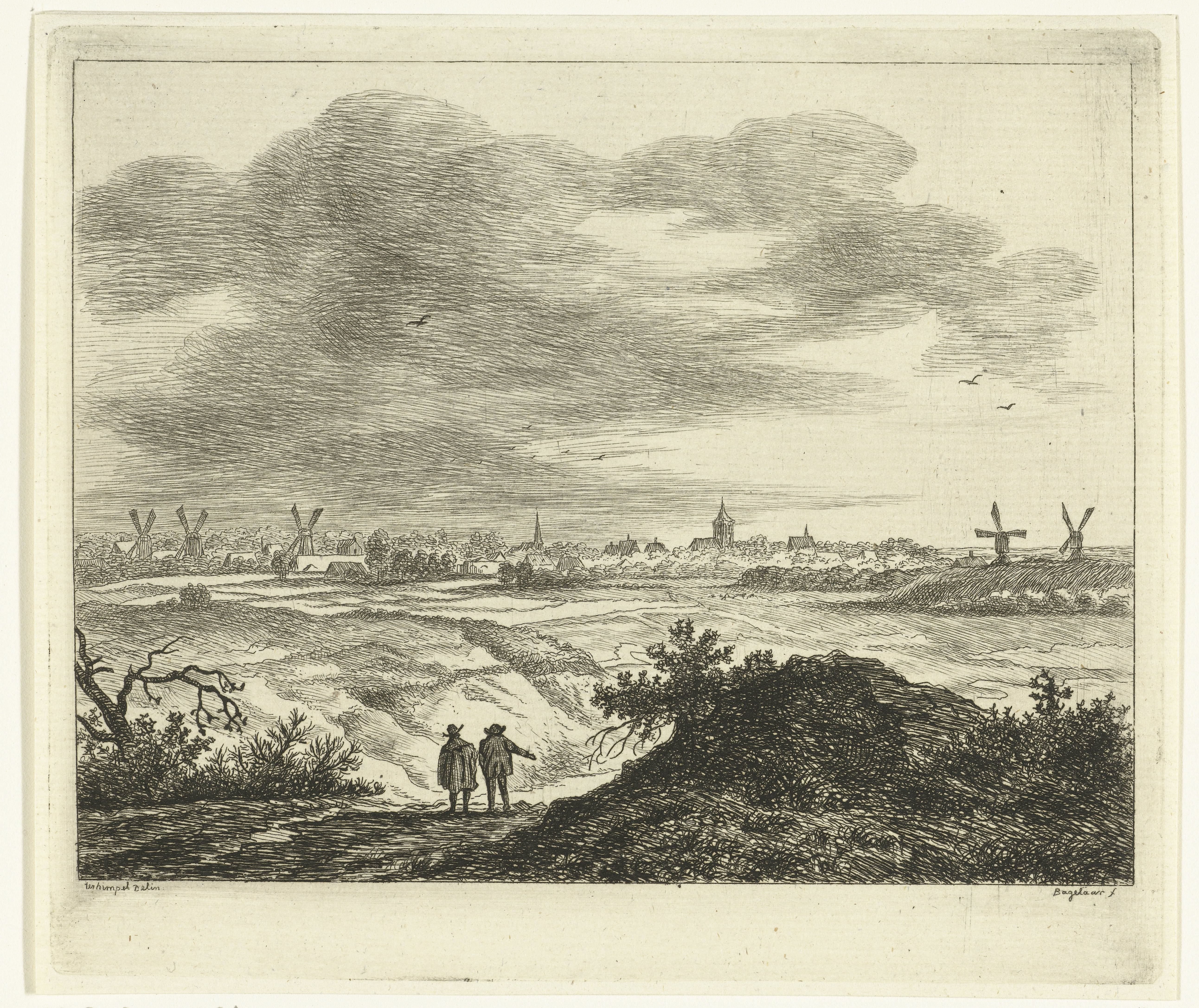 Gezicht op een dorp met molens, op de voorgrond twee wandelaars