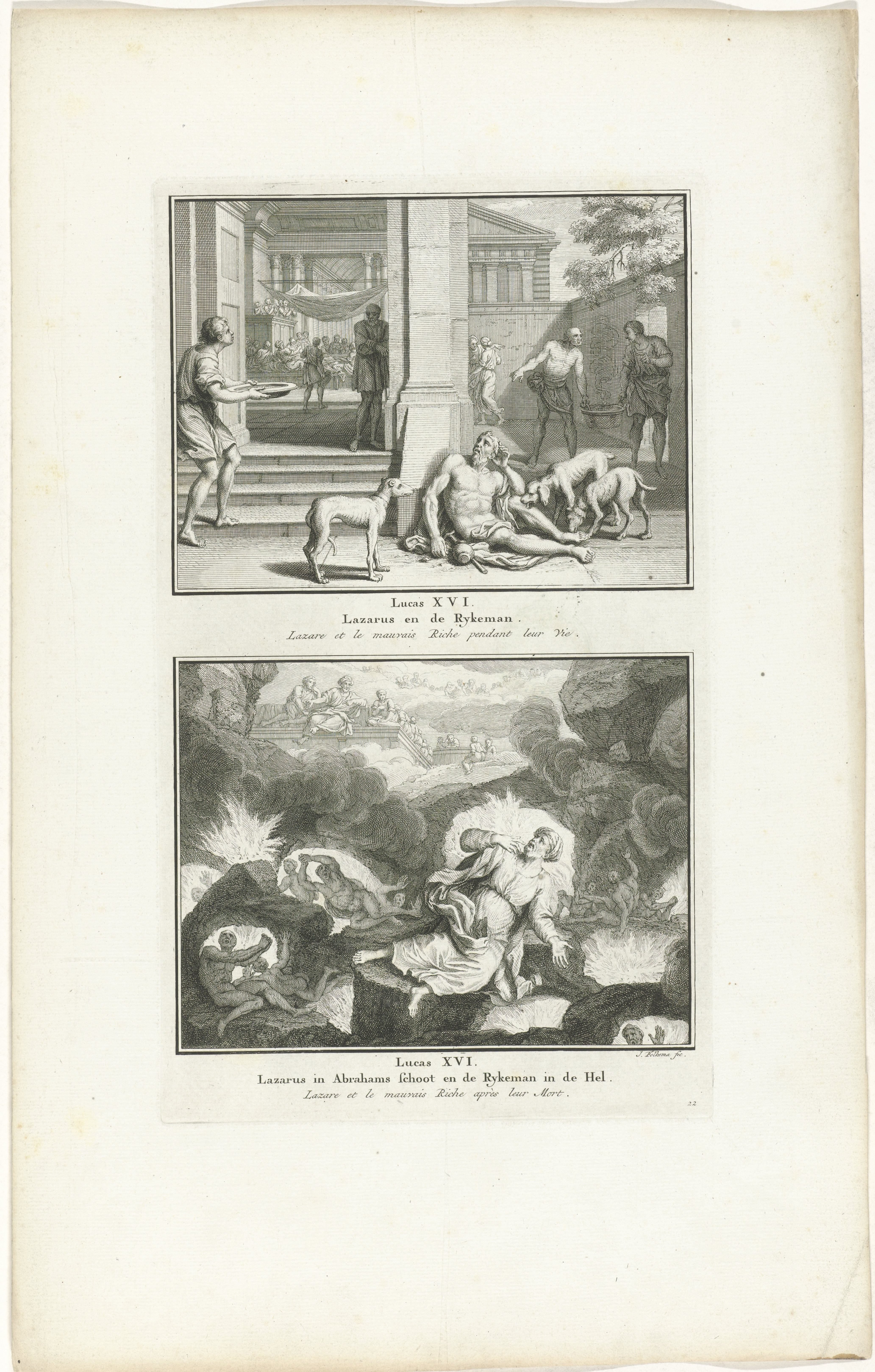 Lazarus en de rijke man en de rijke man in de hel ziet Abraham met Lazarus