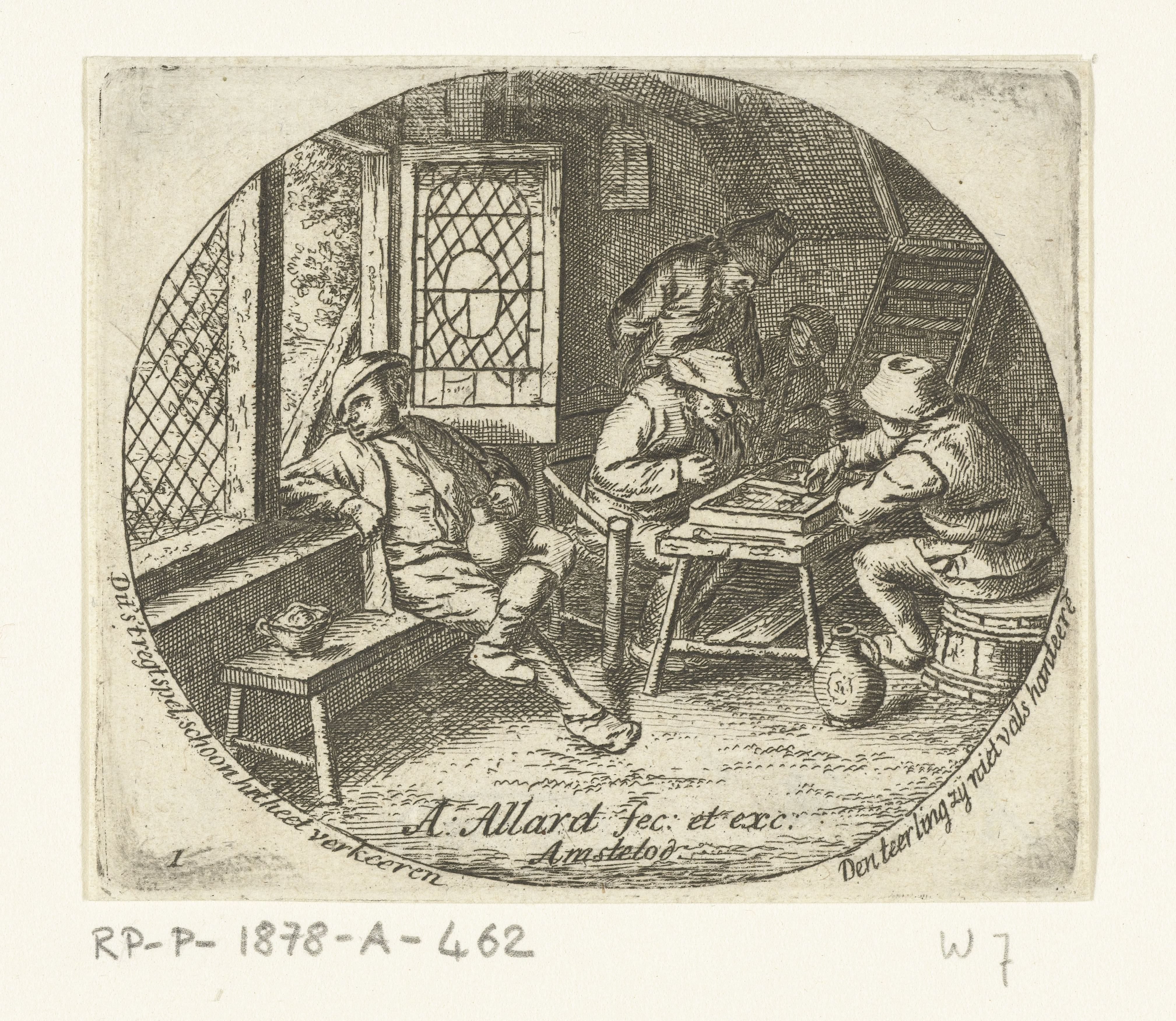 Boereninterieur met tric-trac (backgammon) spelers