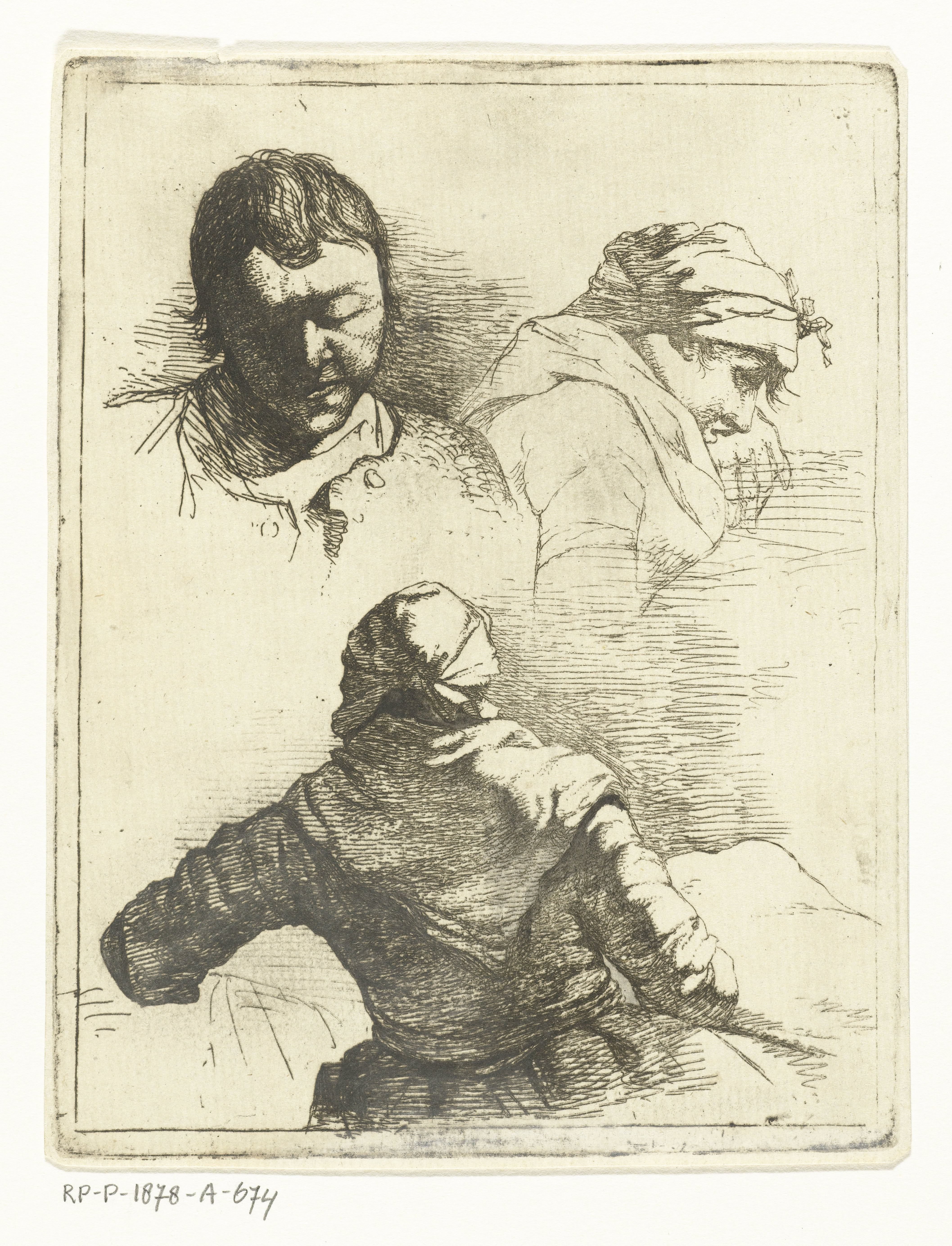 Drie figuurstudies van vrouw en man