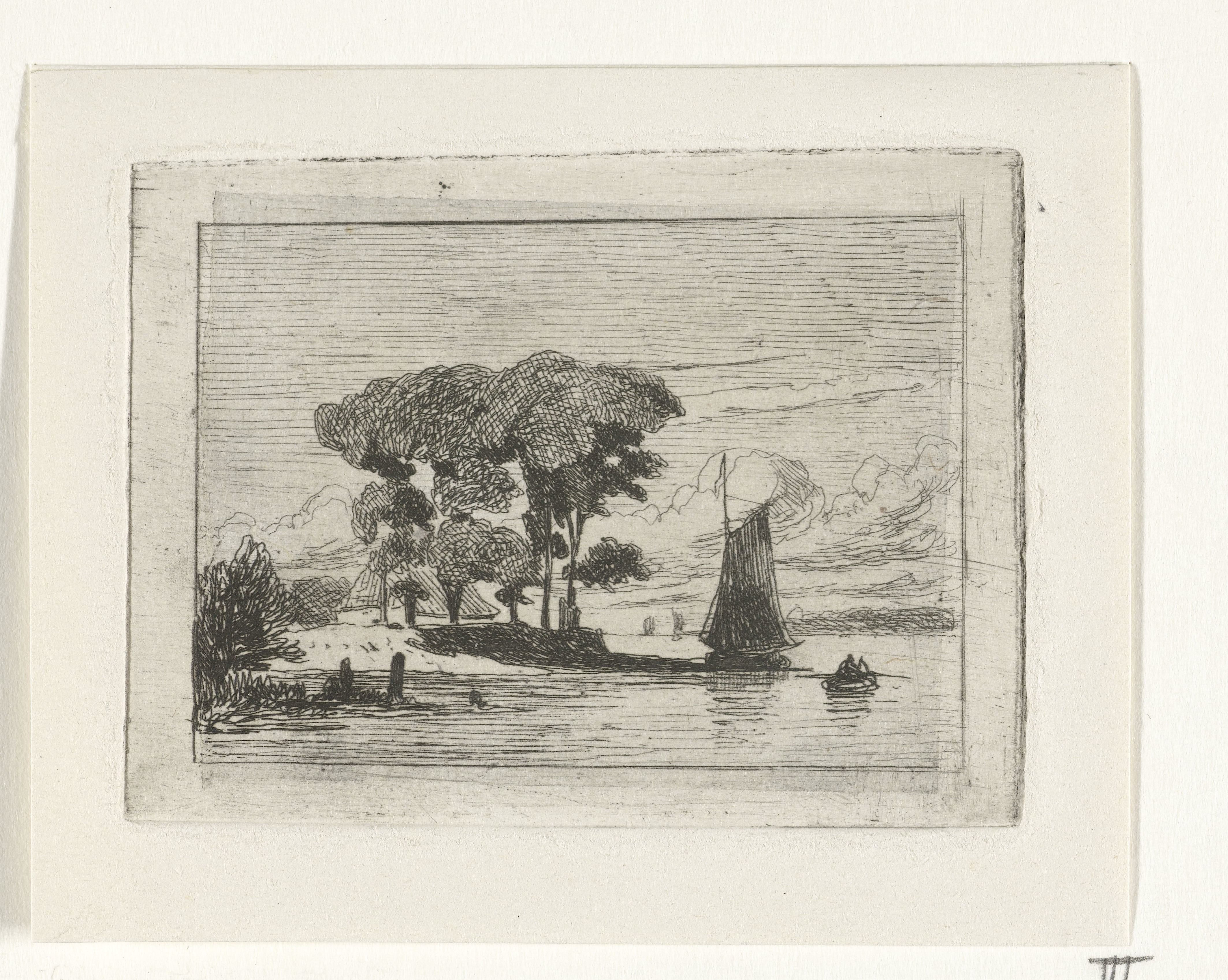 Rivierlandschap met zeilschip en bomen