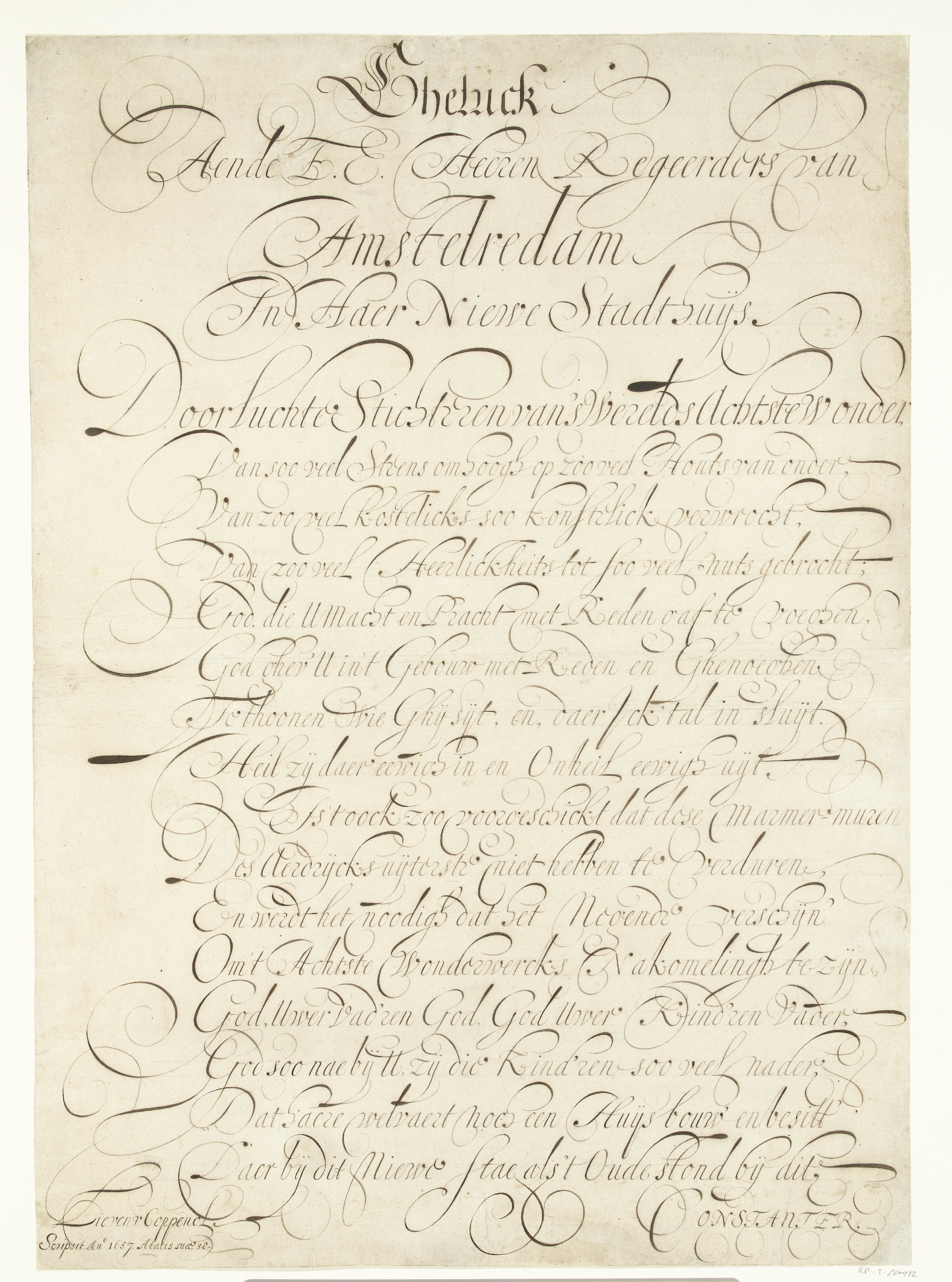 Kalligrafisch schrift opgedragen aan het stadsbestuur van Amsterdam ter gelegenheid van het nieuwe Stadhuis