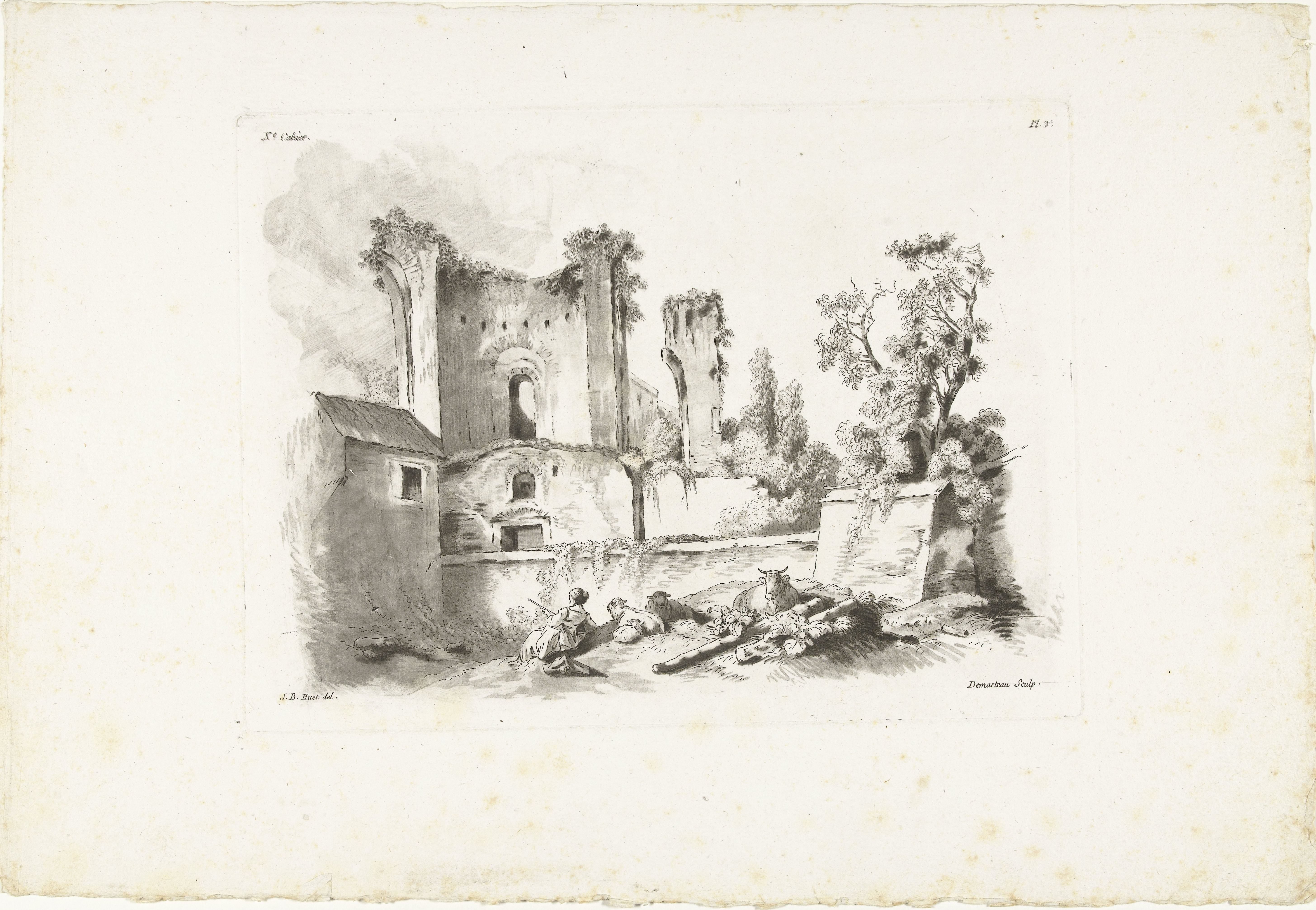 Landschap met ruïne en herderin met vee