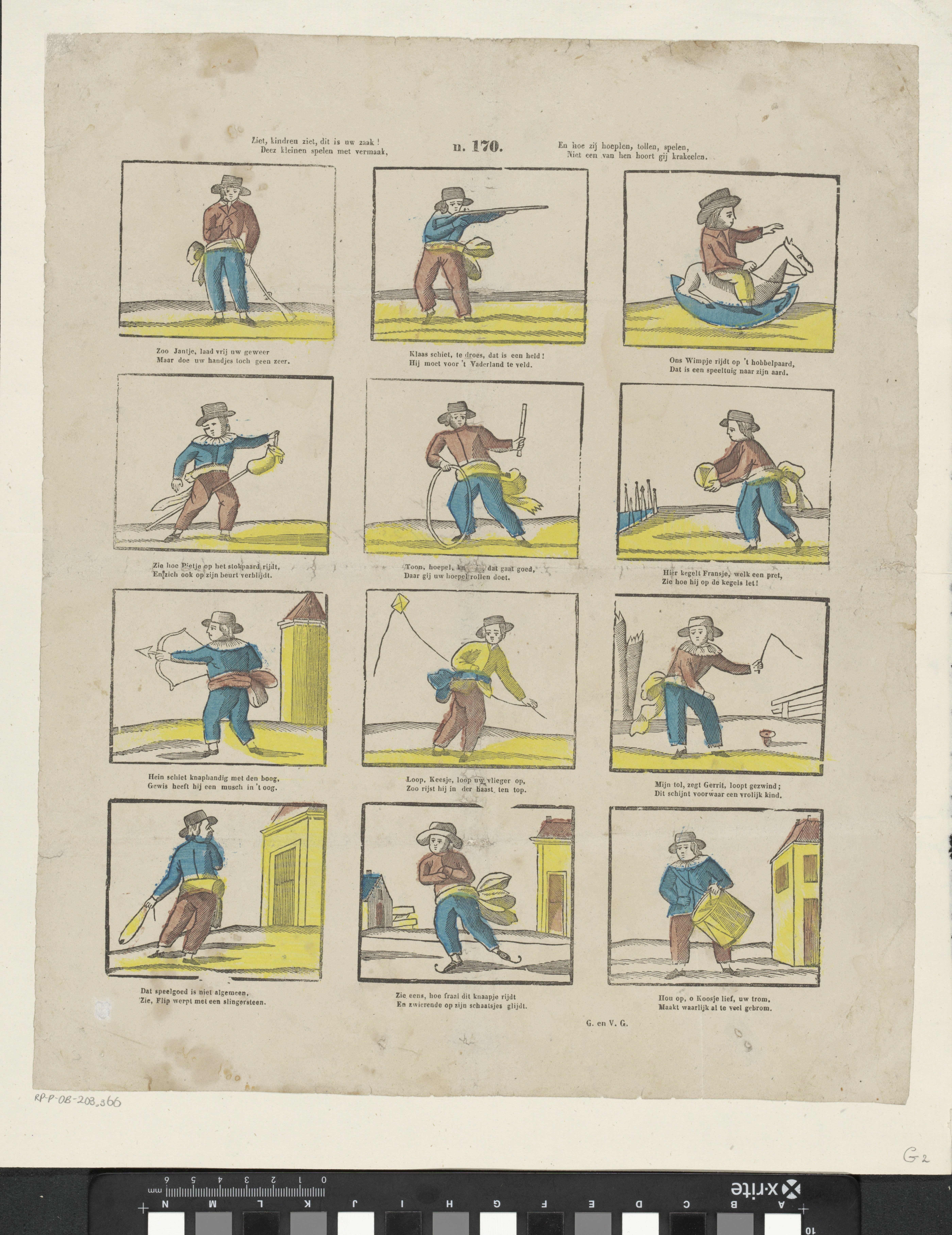 Ziet, kindren ziet, dit is uw zaak! / Deez kleinen spelen met vermaak, / En hoe zij hoepelen, tollen, spelen, / Niet een van hen hoort gij krakeelen