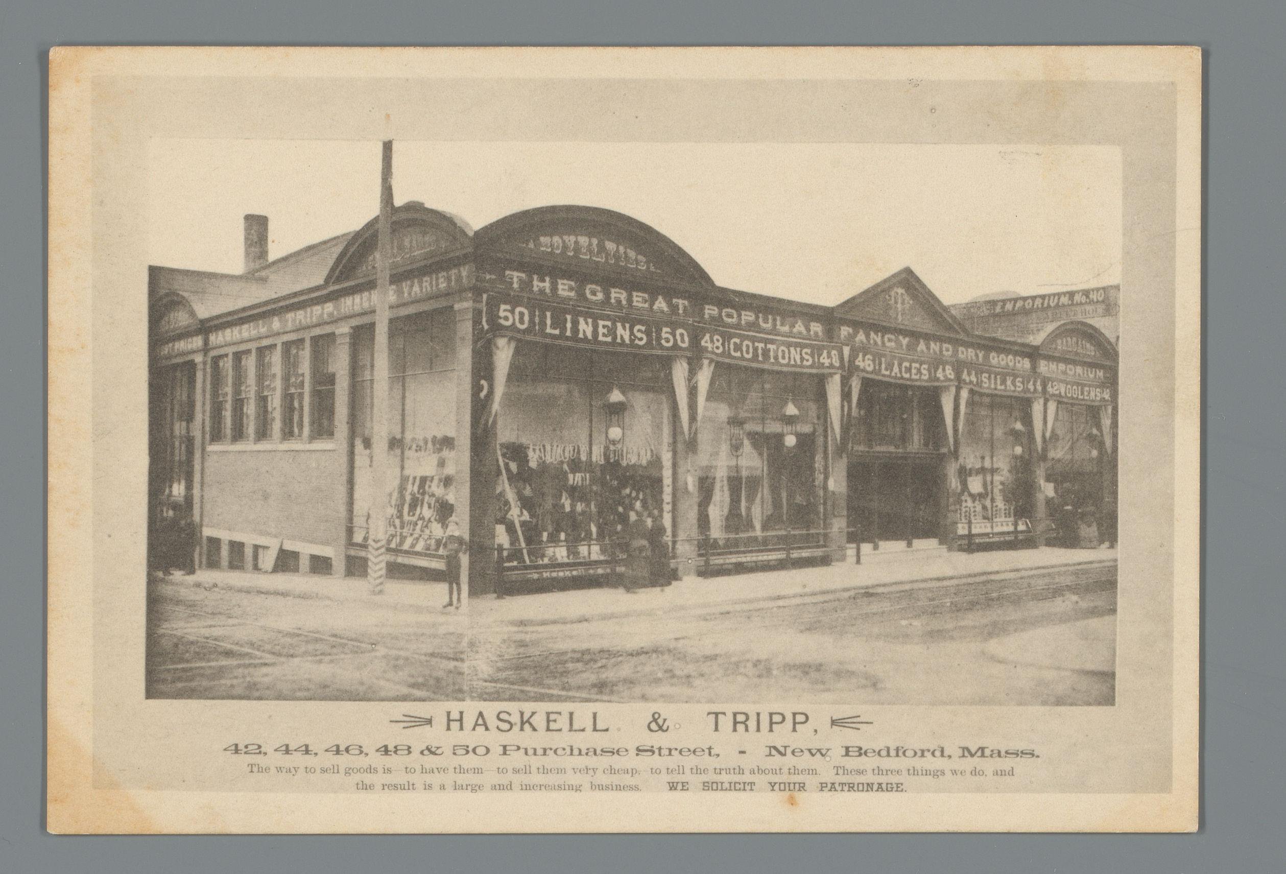Gezicht op de winkel van Haskell & Tripp in New Bedford, Massachusetts