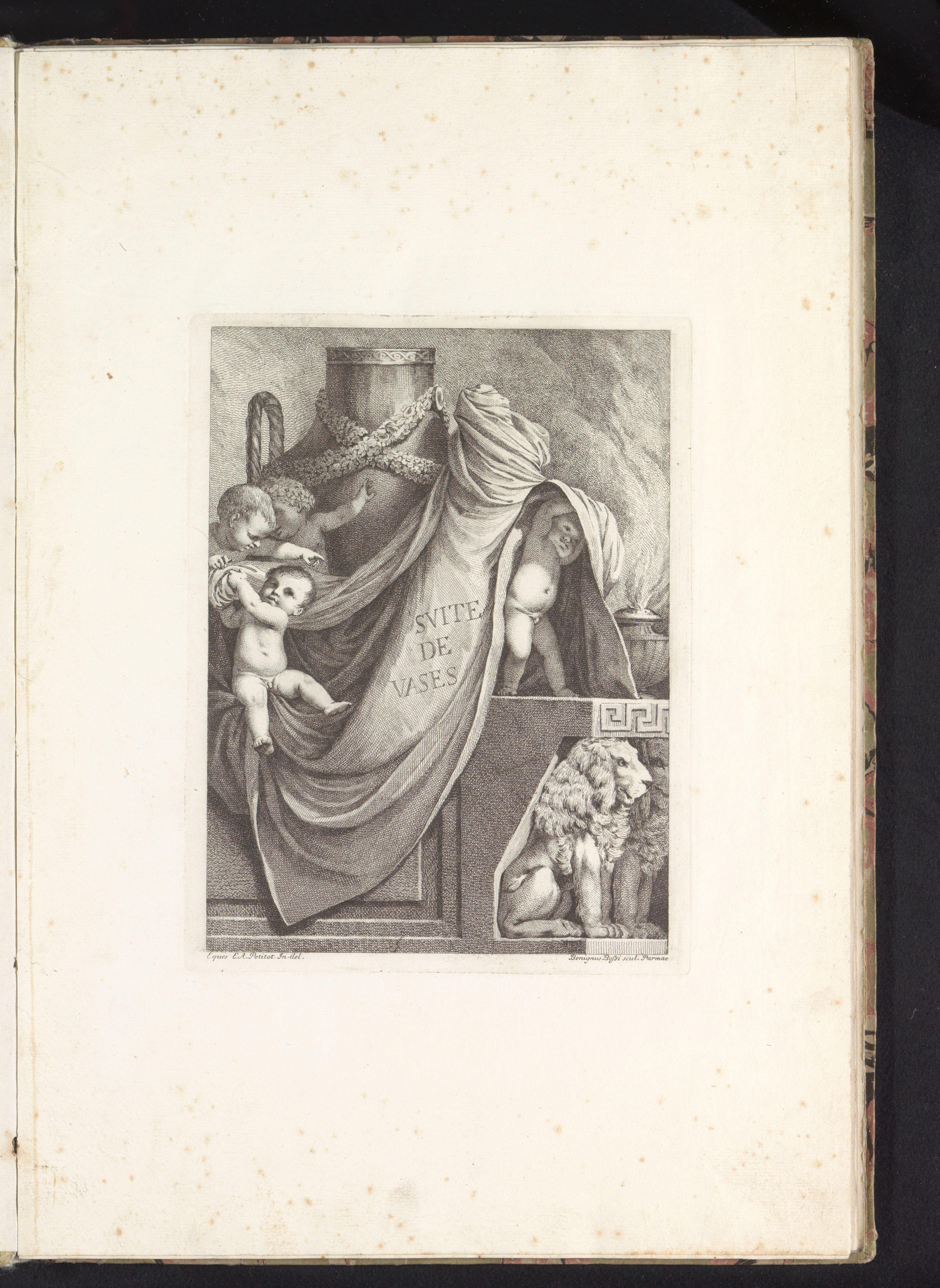 Ornamentele vaas omringd door putti, draperie en leeuwen