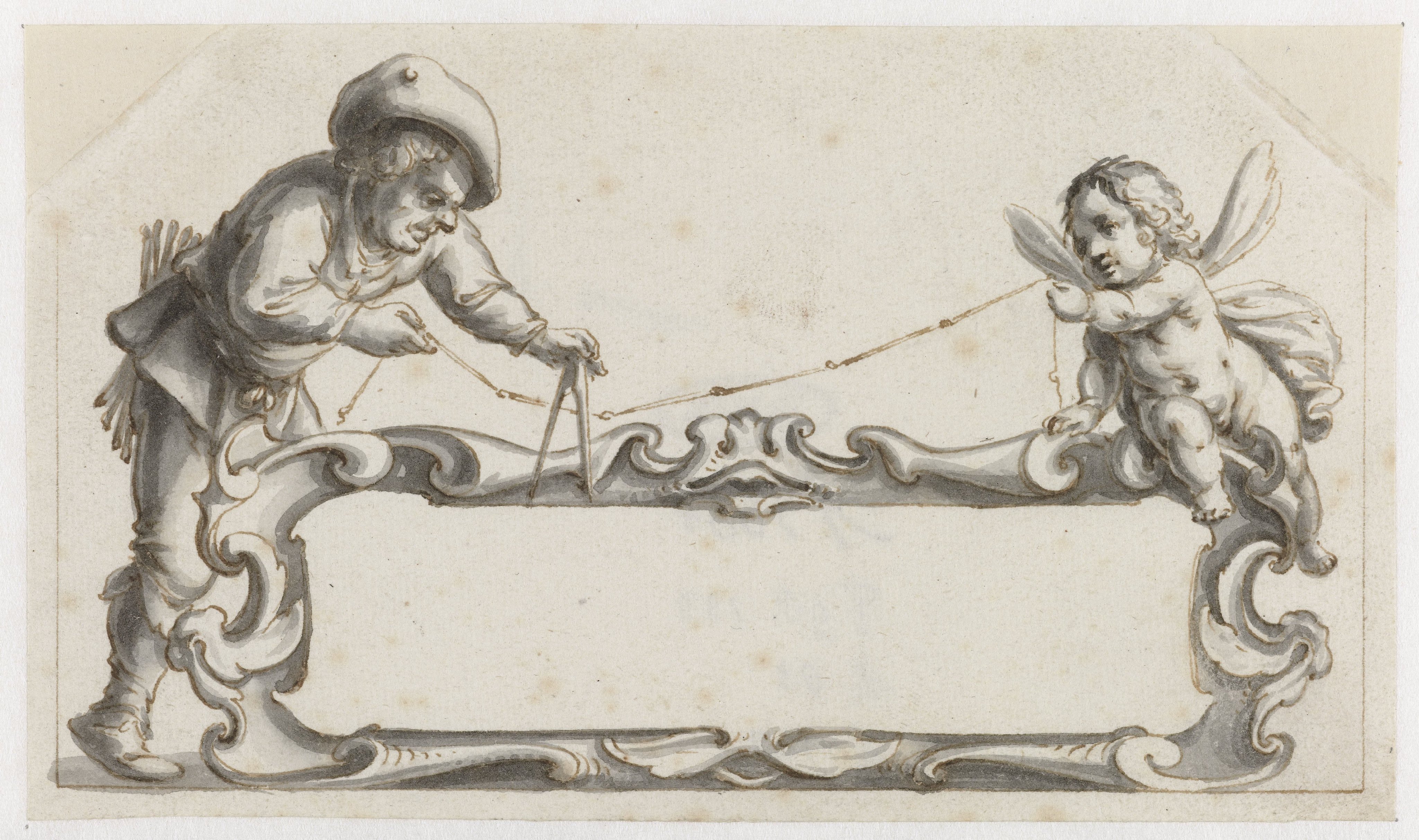 Cartouche omgeven door een man en een putto