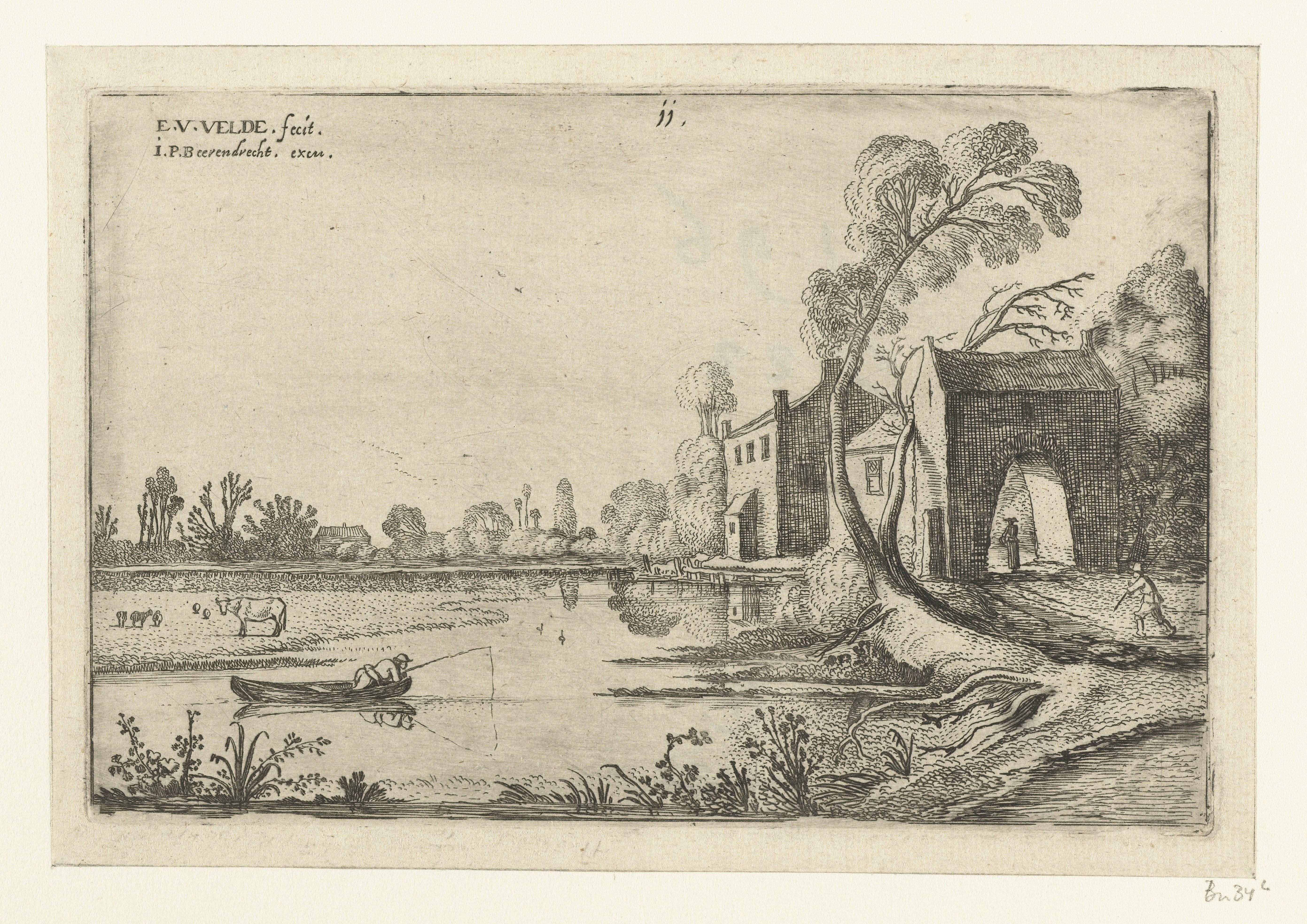 Landschap met een rivier en poortgebouw