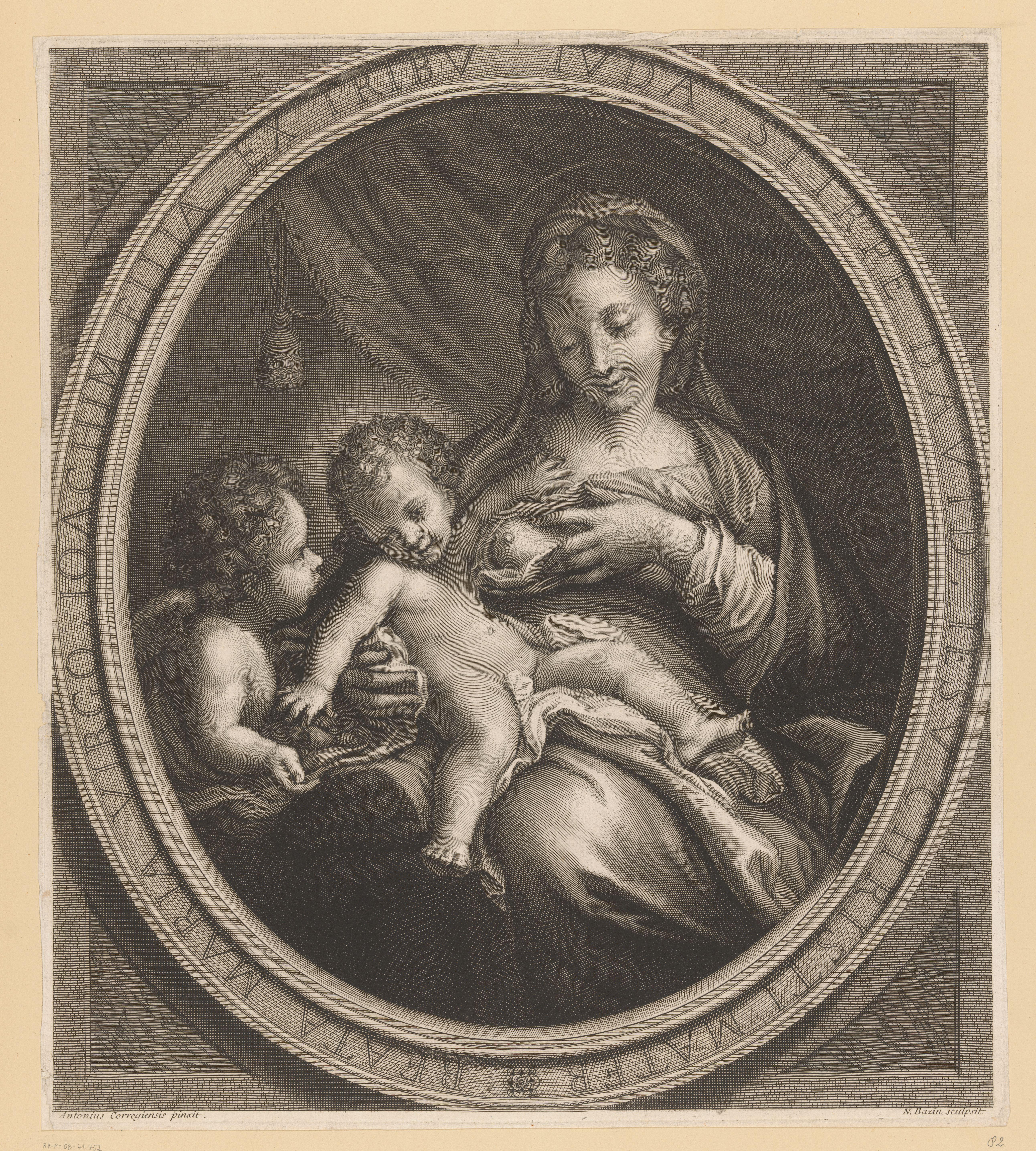 Maria lactans met engel in ovalen lijst