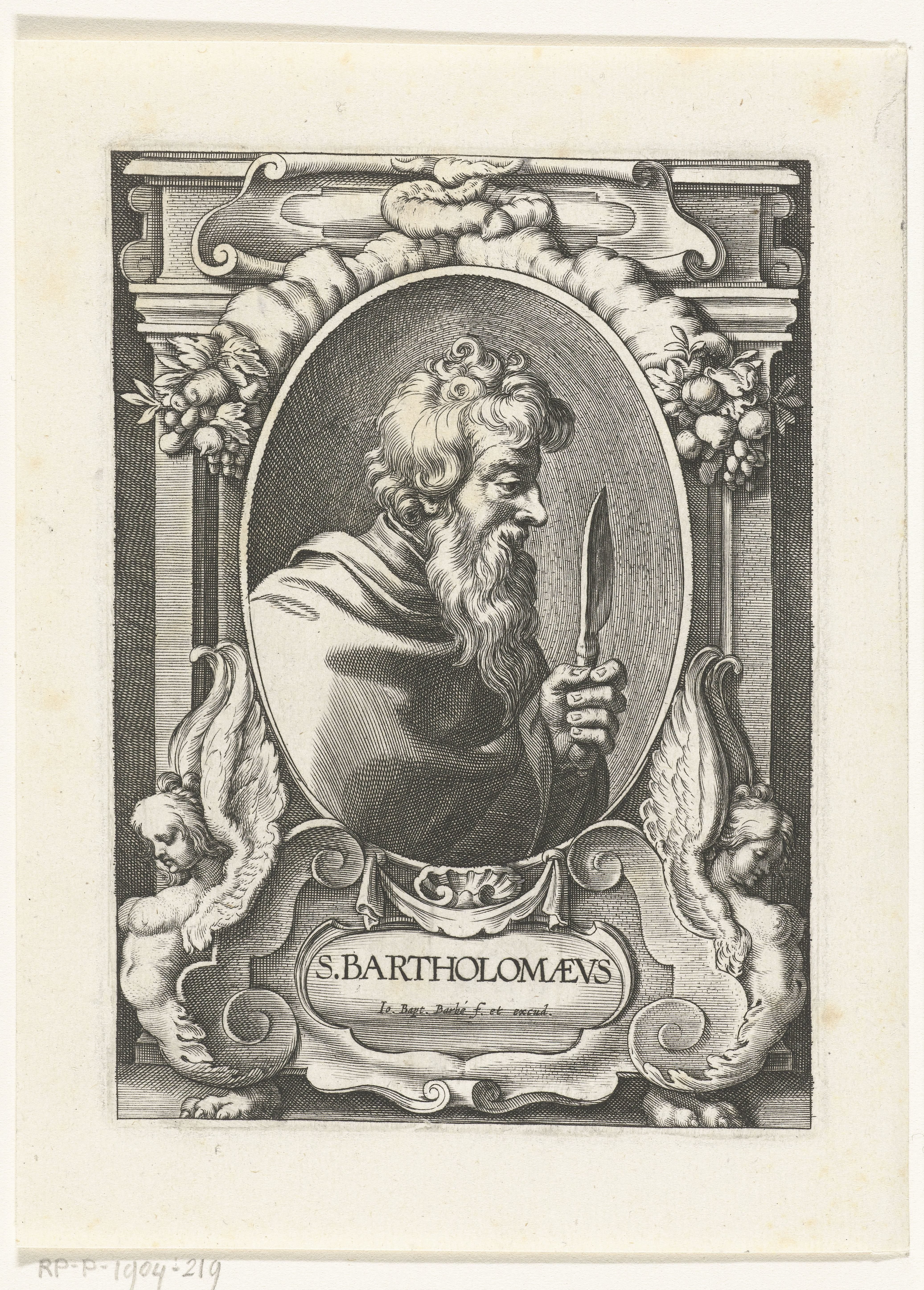 Apostel Bartholomeus met mes in omlijsting met architectuur ornamenten