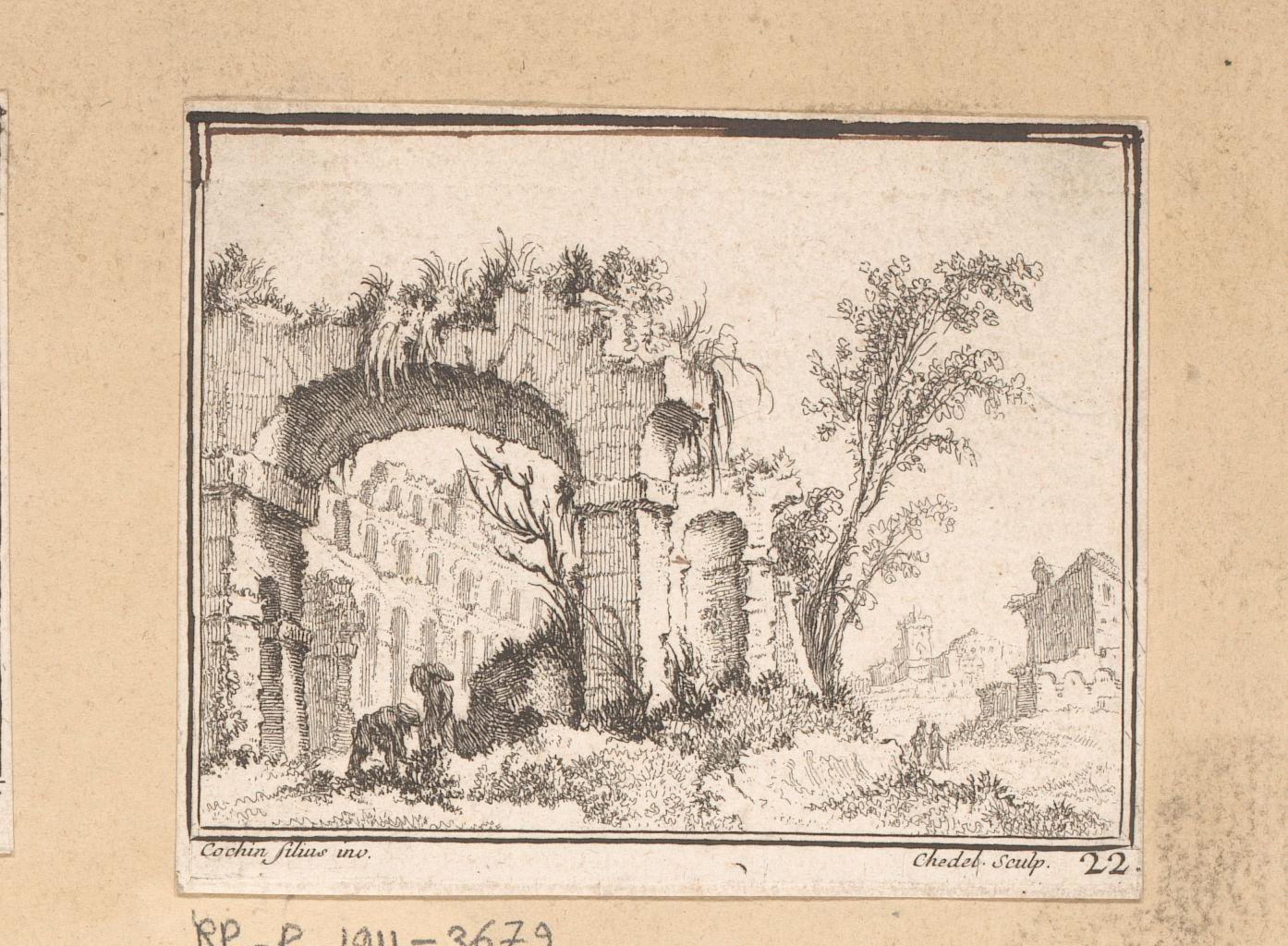 Landschap met twee figuren bij een vervallen en begroeide poort