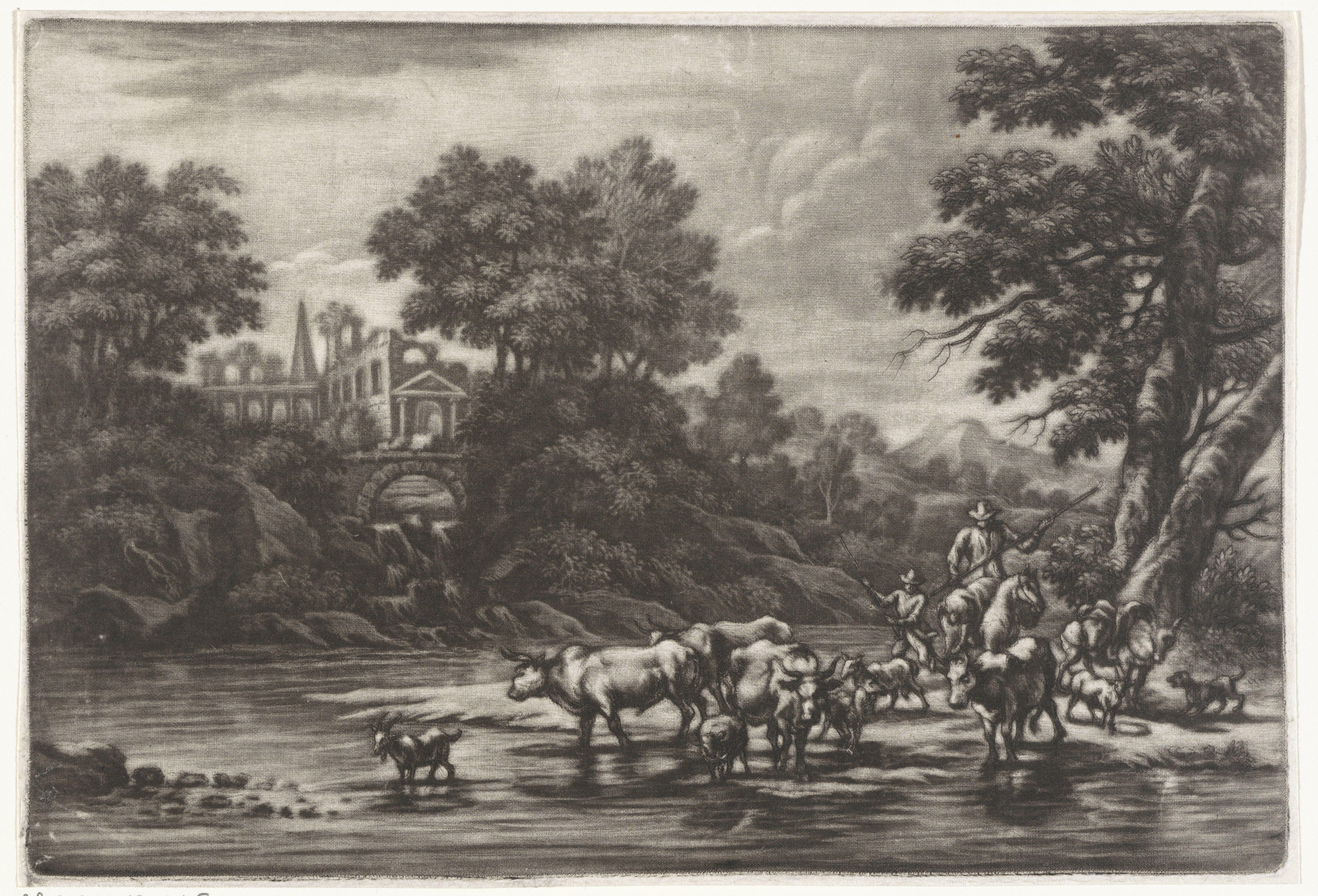 Rivierlandschap met herders