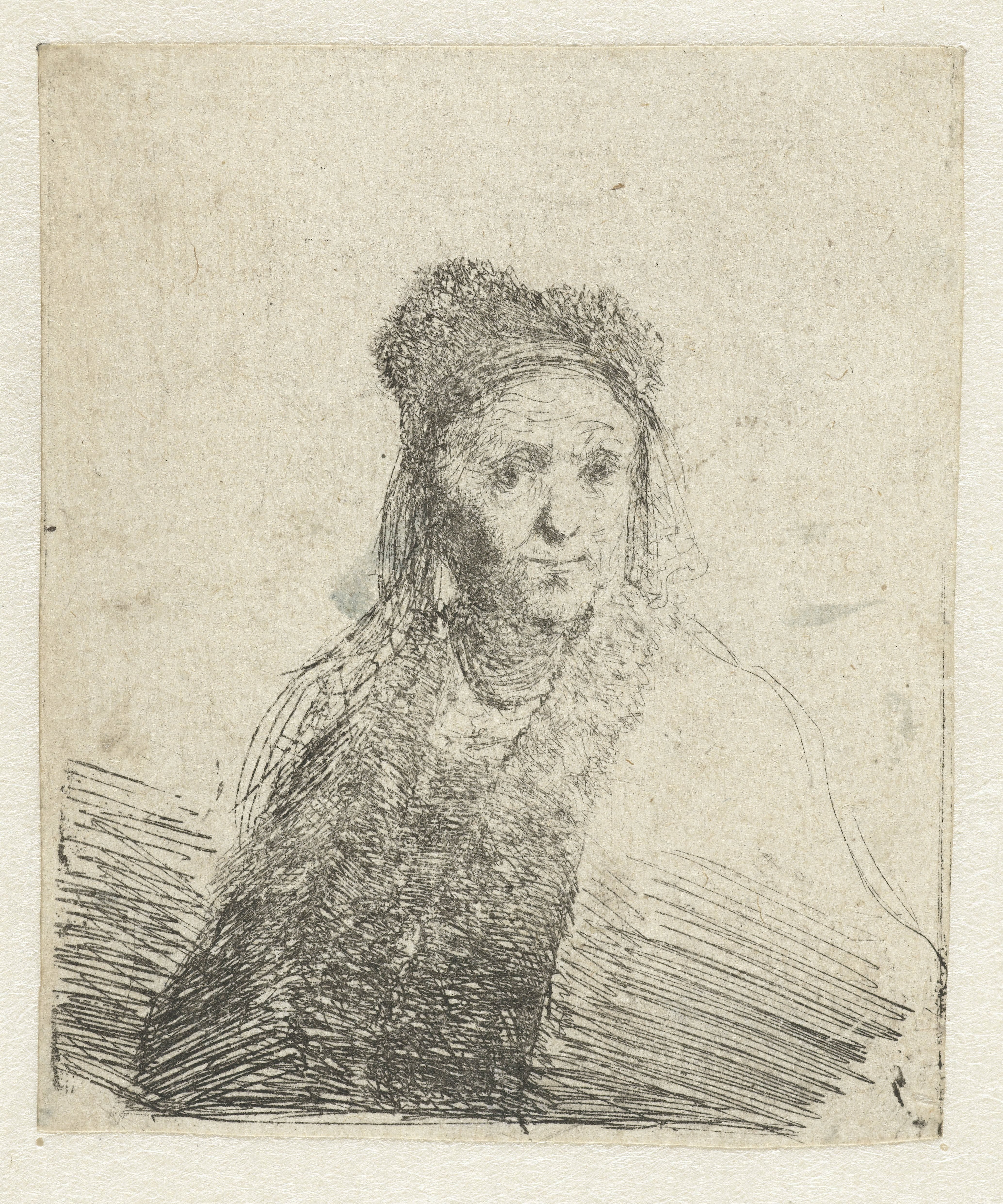 Portret van een oude vrouw met bontmuts