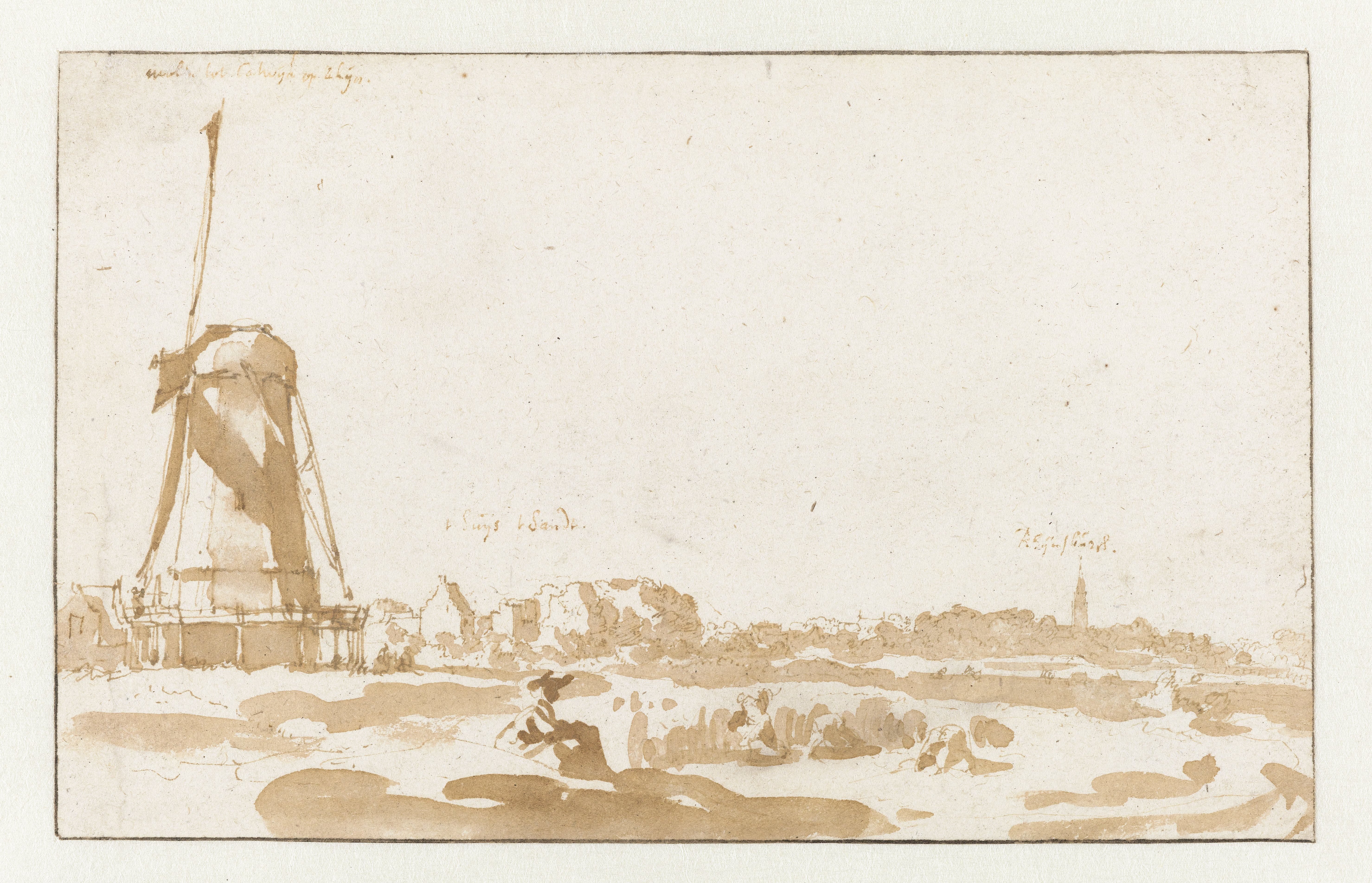 Gezicht op een molen vanaf de Rijnoever