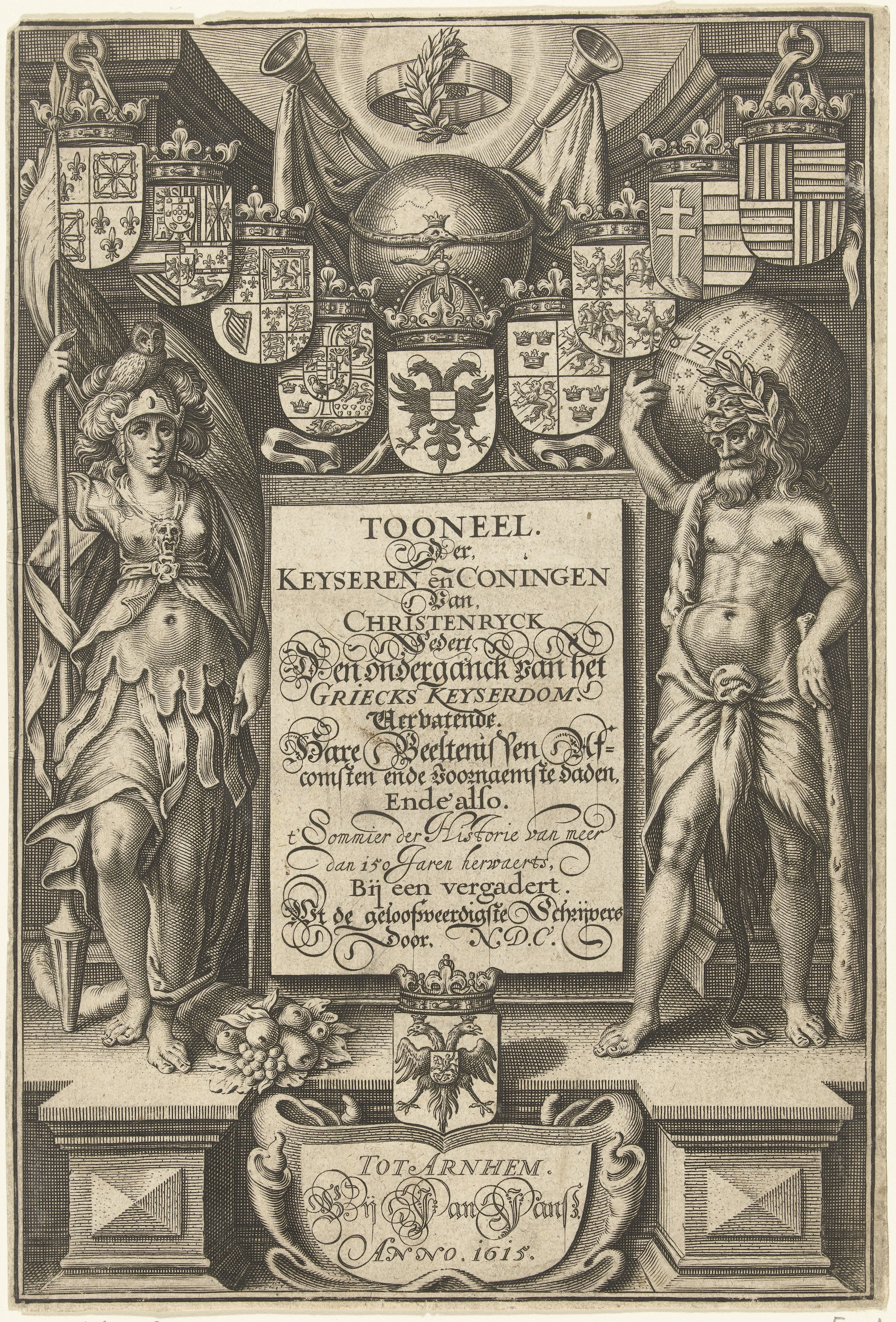 Hercules en Minerva staand aan weerszijden van cartouche met titel, bekroond met wapenschilden, globe en bazuinen