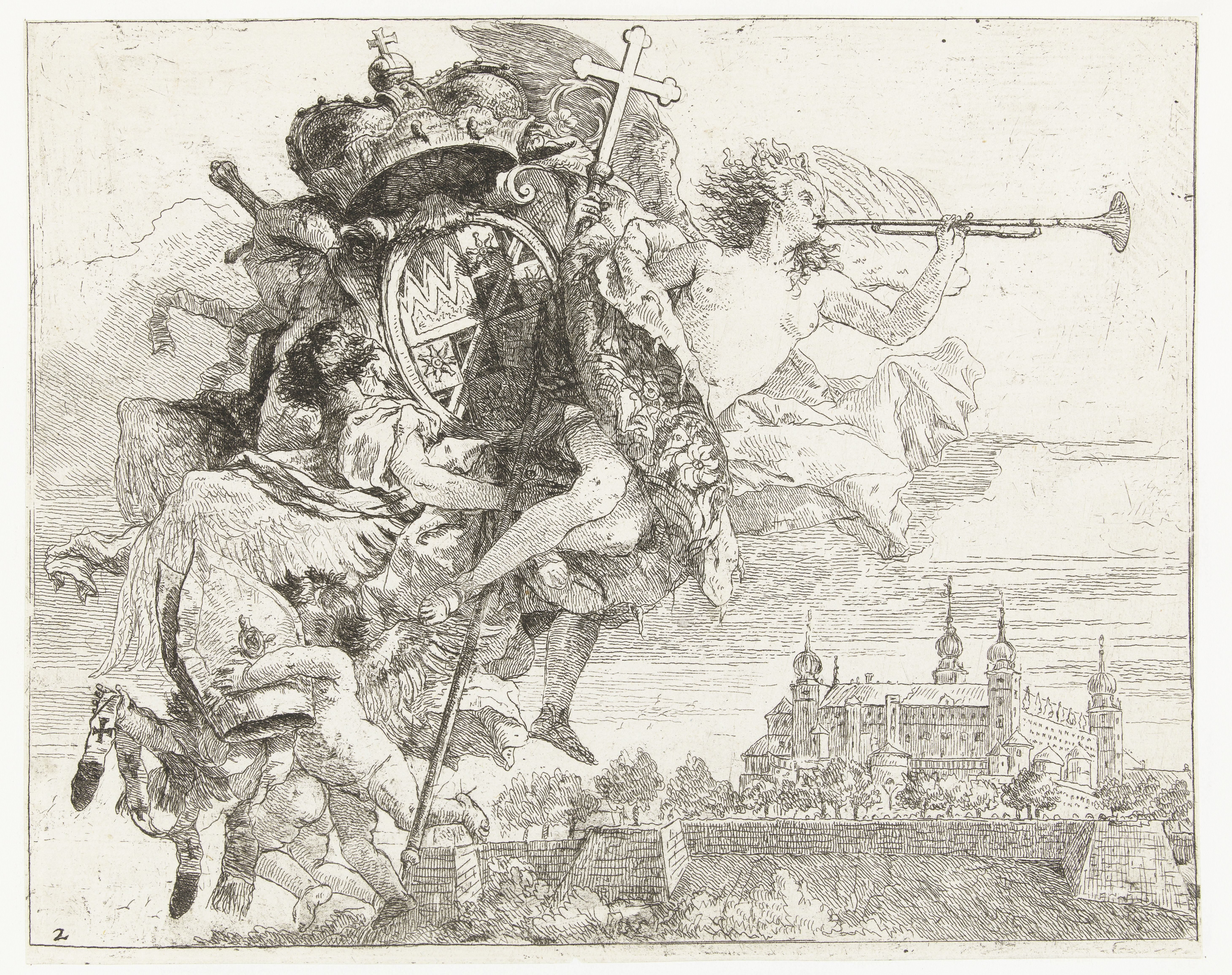 Faam en putti met wapen van Karl Philipp von Greiffenklau en attributen van bisschop boven Marienberg in Würzburg