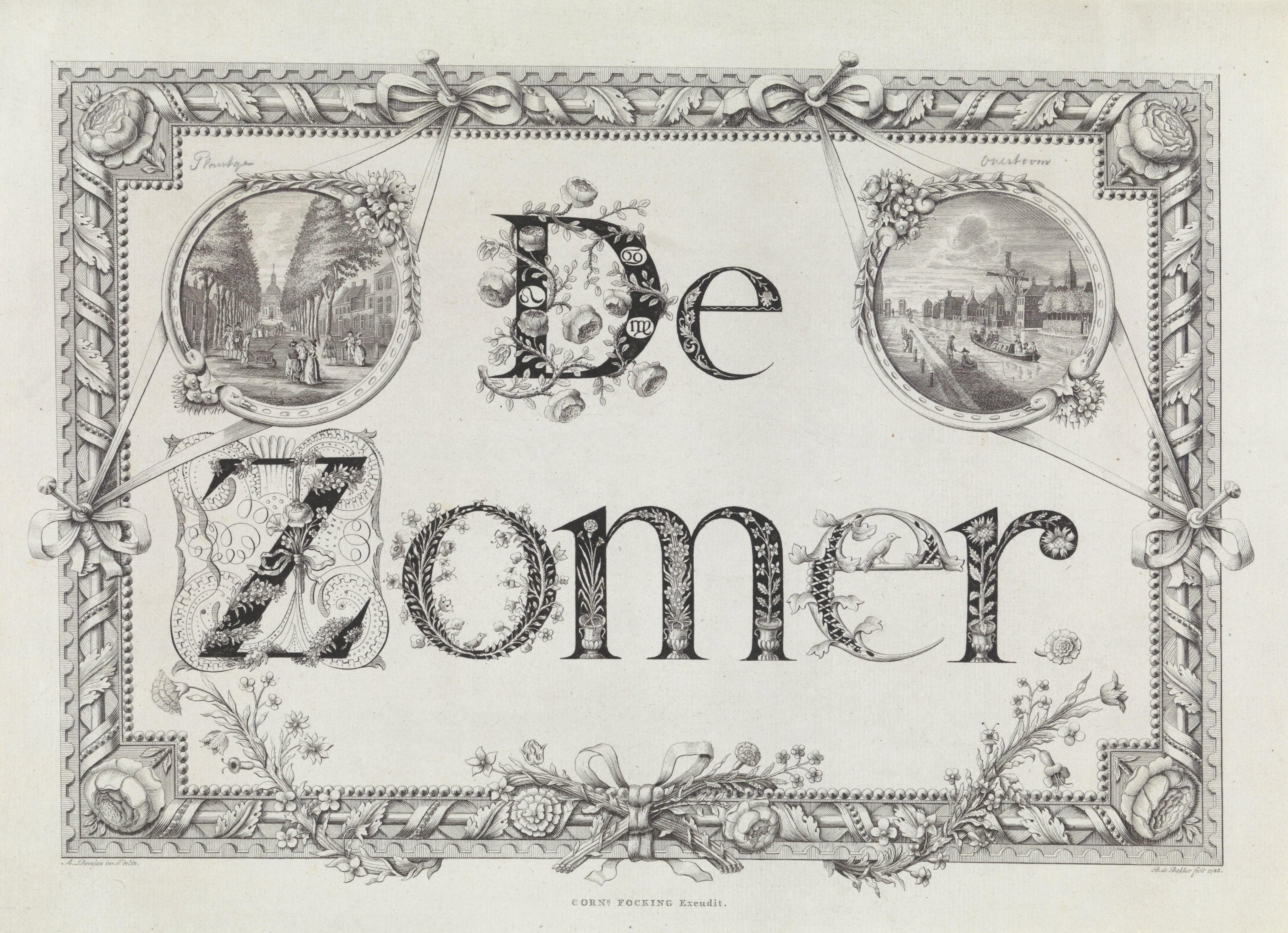 Rechthoekige omlijsting met bladornamenten en bloemen voor de Zomer en medaillons met gezichten op de Plantage en de Overtoom te Amsterdam